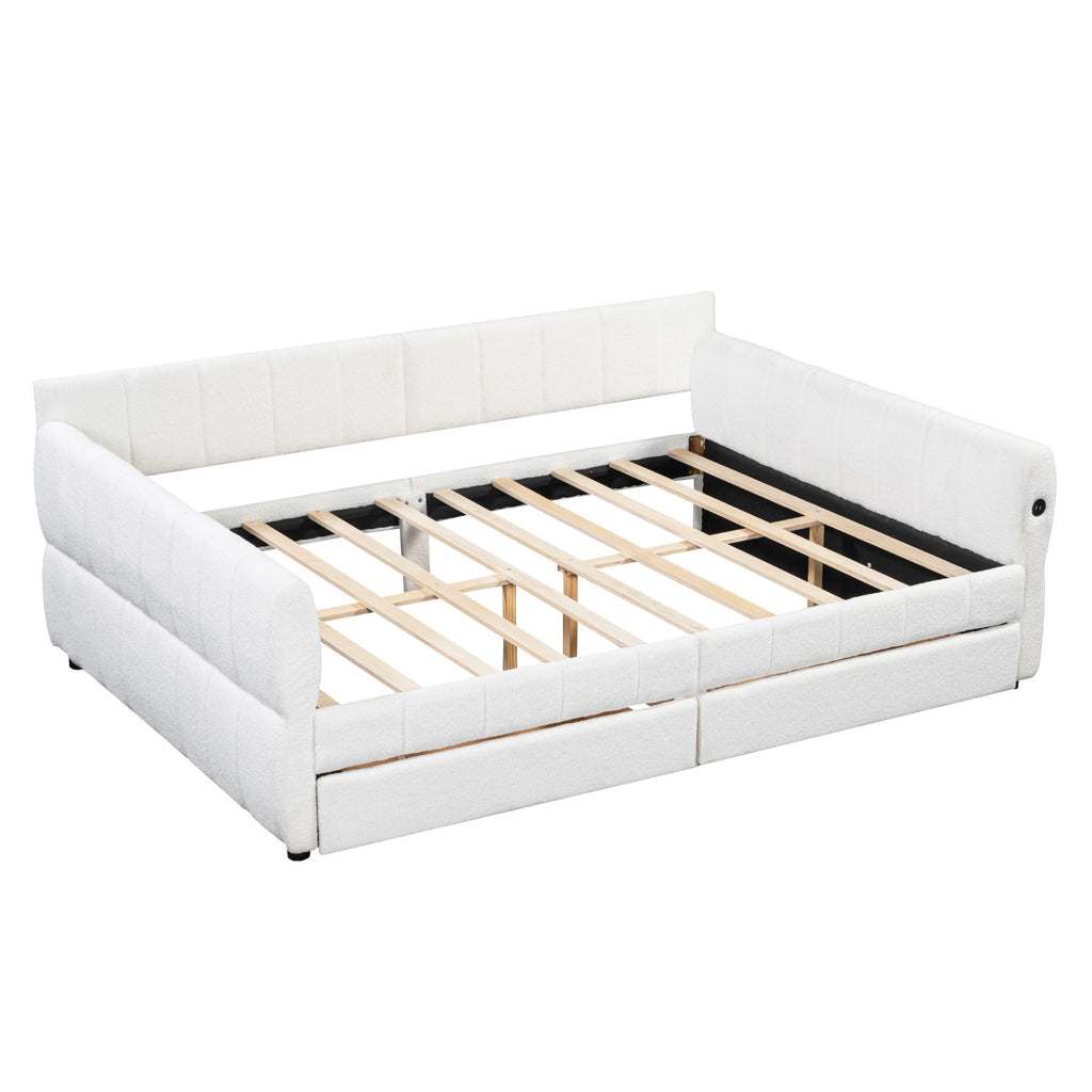 Queen Upholstered Platform Bed With USB Charging And 2 Storage Drawers - White