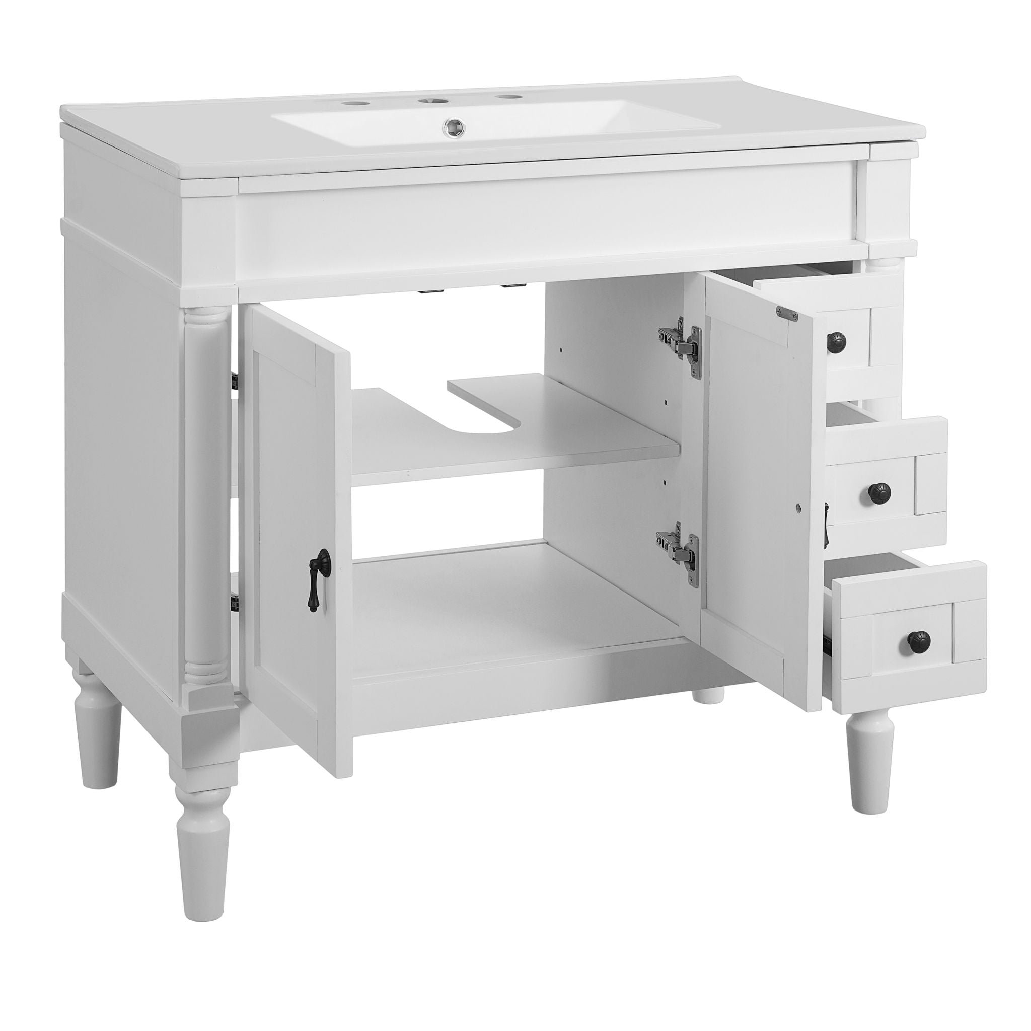 Bathroom Vanity With Ceramic Sink, 2 Doors 3 Drawers, Soft Close Design