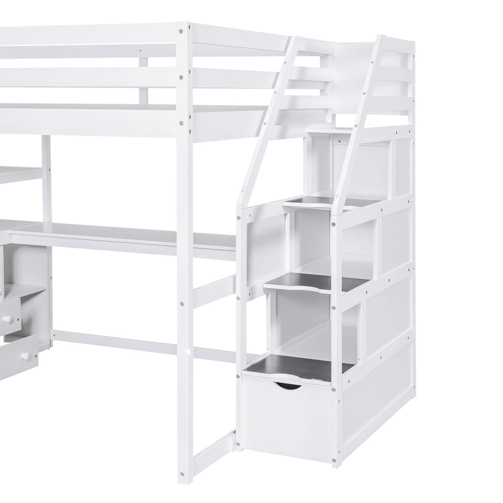 Loft Bed With Desk, Shelves, 2 Drawers, Storage Staircase