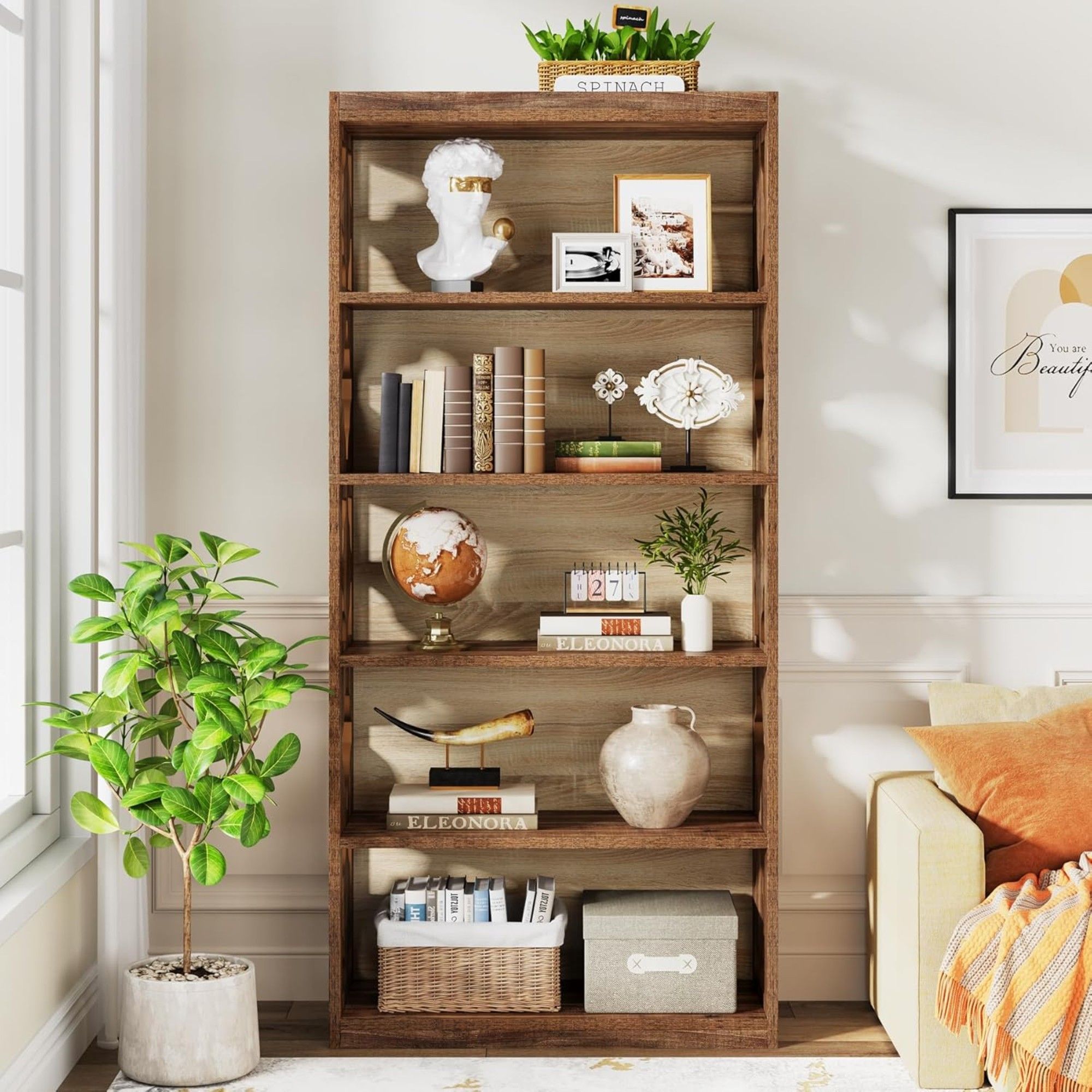 Rhombus Open Bookcase, 6 Tier Storage Shelves For Apartment - Brown