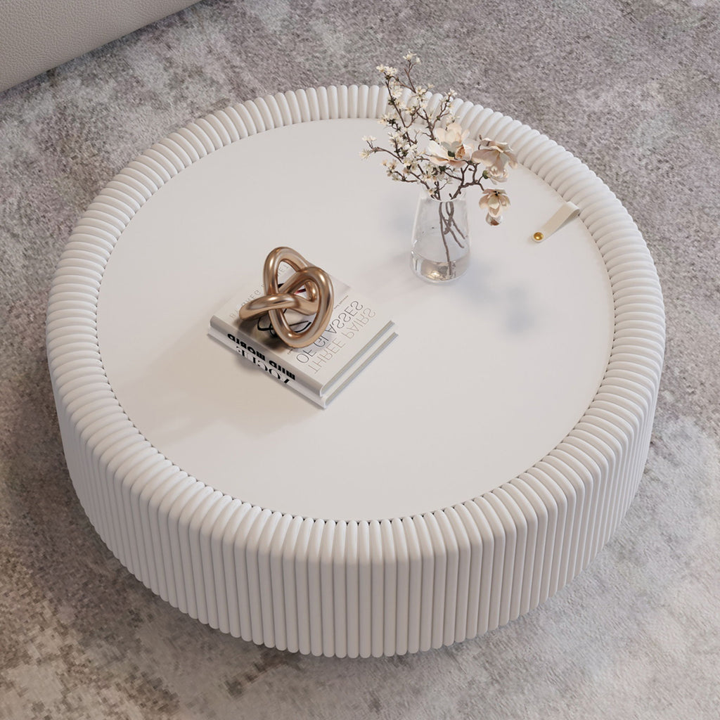 Round Fluted Coffee Table, Base & Hidden Storage - Snow White