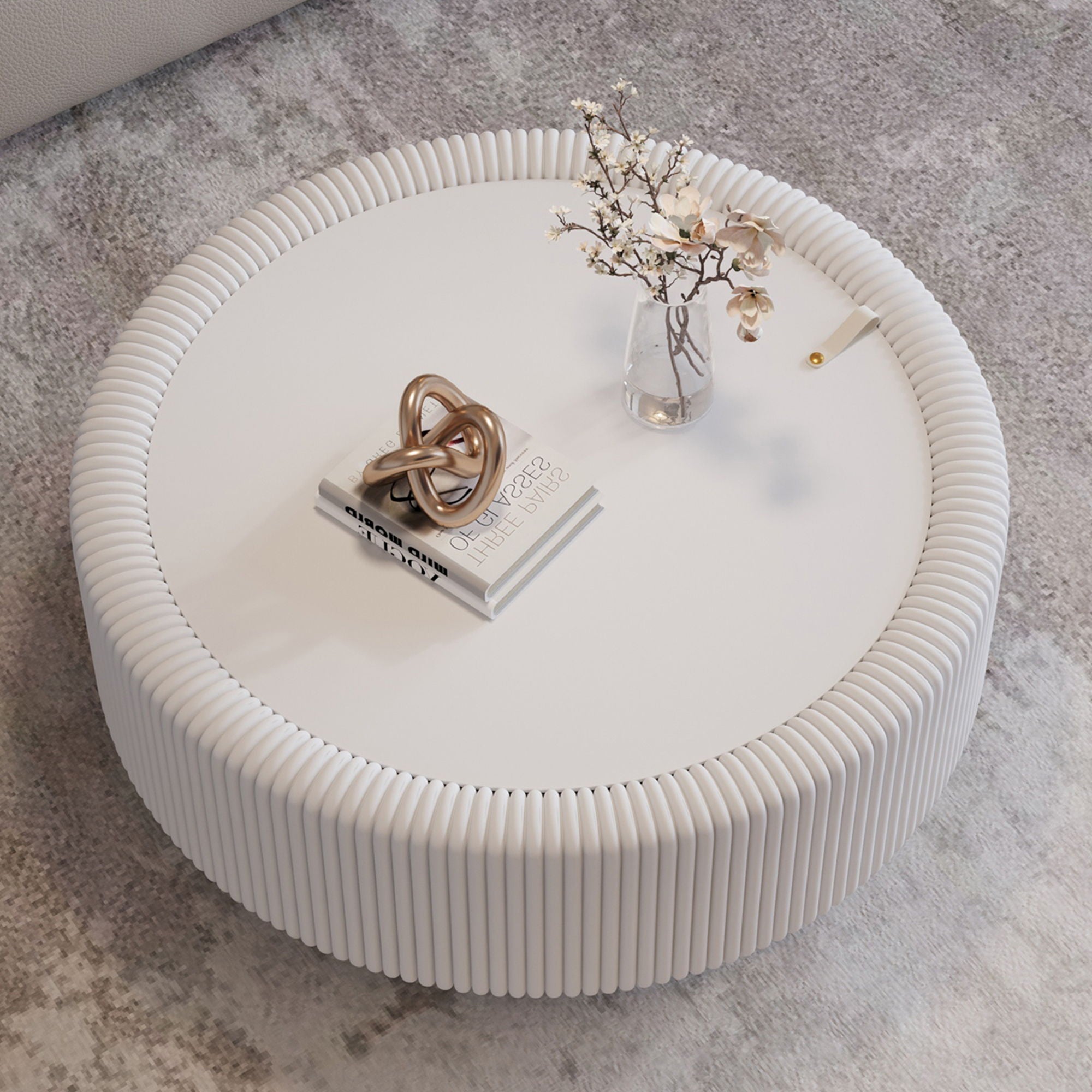 Round Fluted Coffee Table, Base & Hidden Storage - Snow White