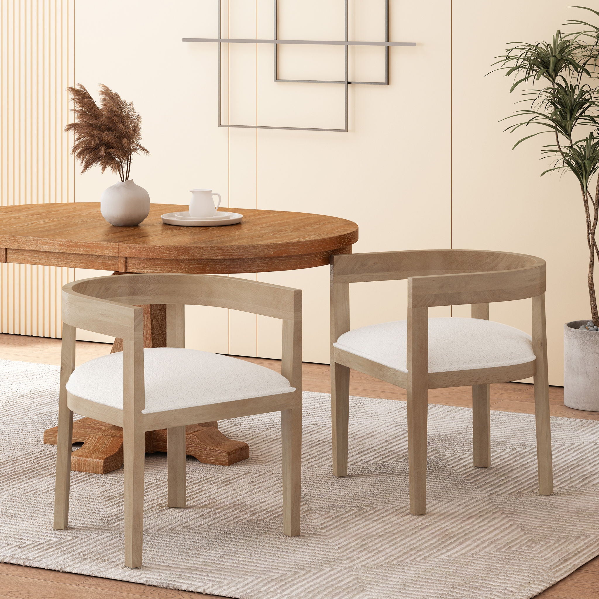 Modern Mid Century Dining Arm Chair Set With Upholstered Frame - Natural