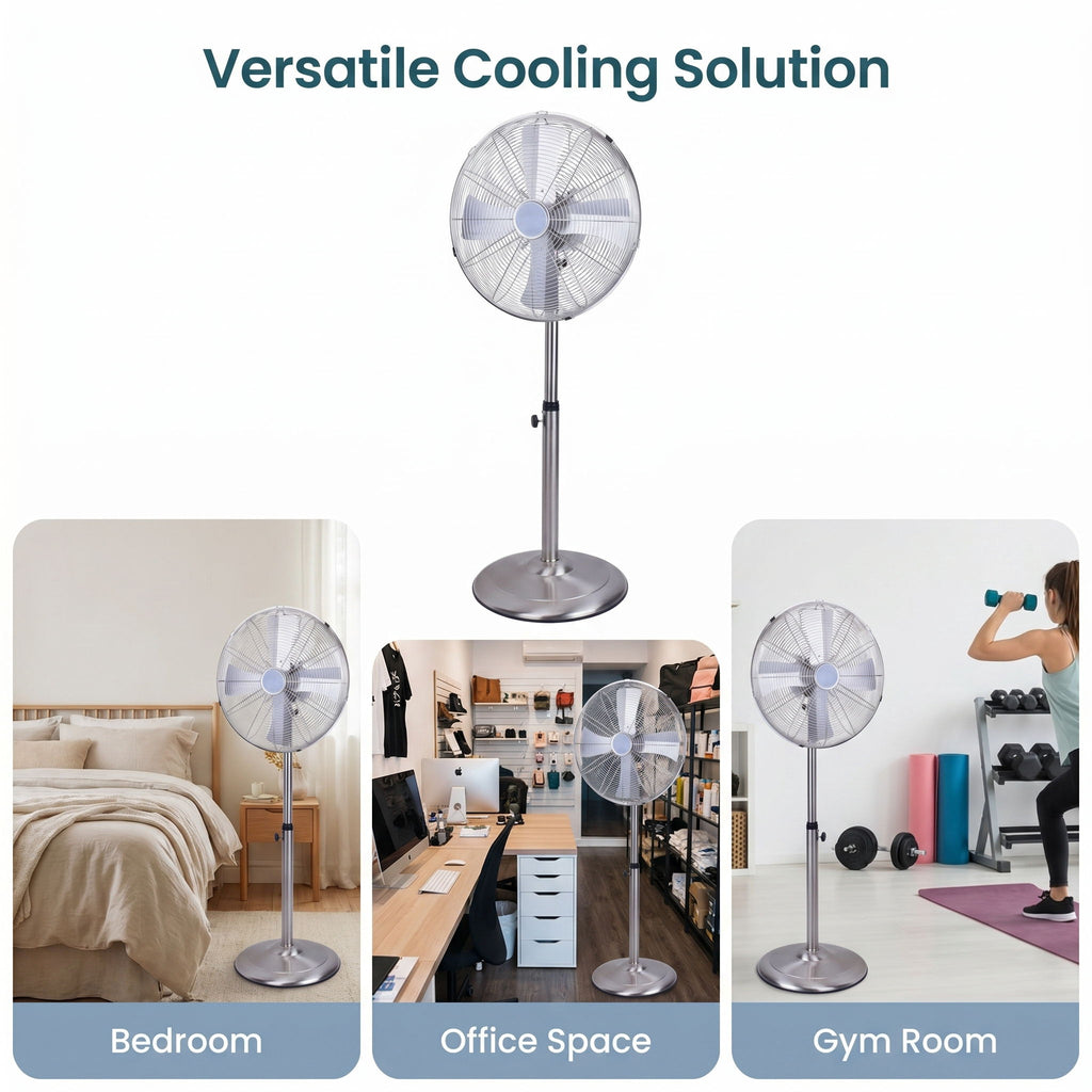 Stand Fan, 4 Blades, Rotary Knob Switch, Oscillation Function, Tilting Angle - Chrome
