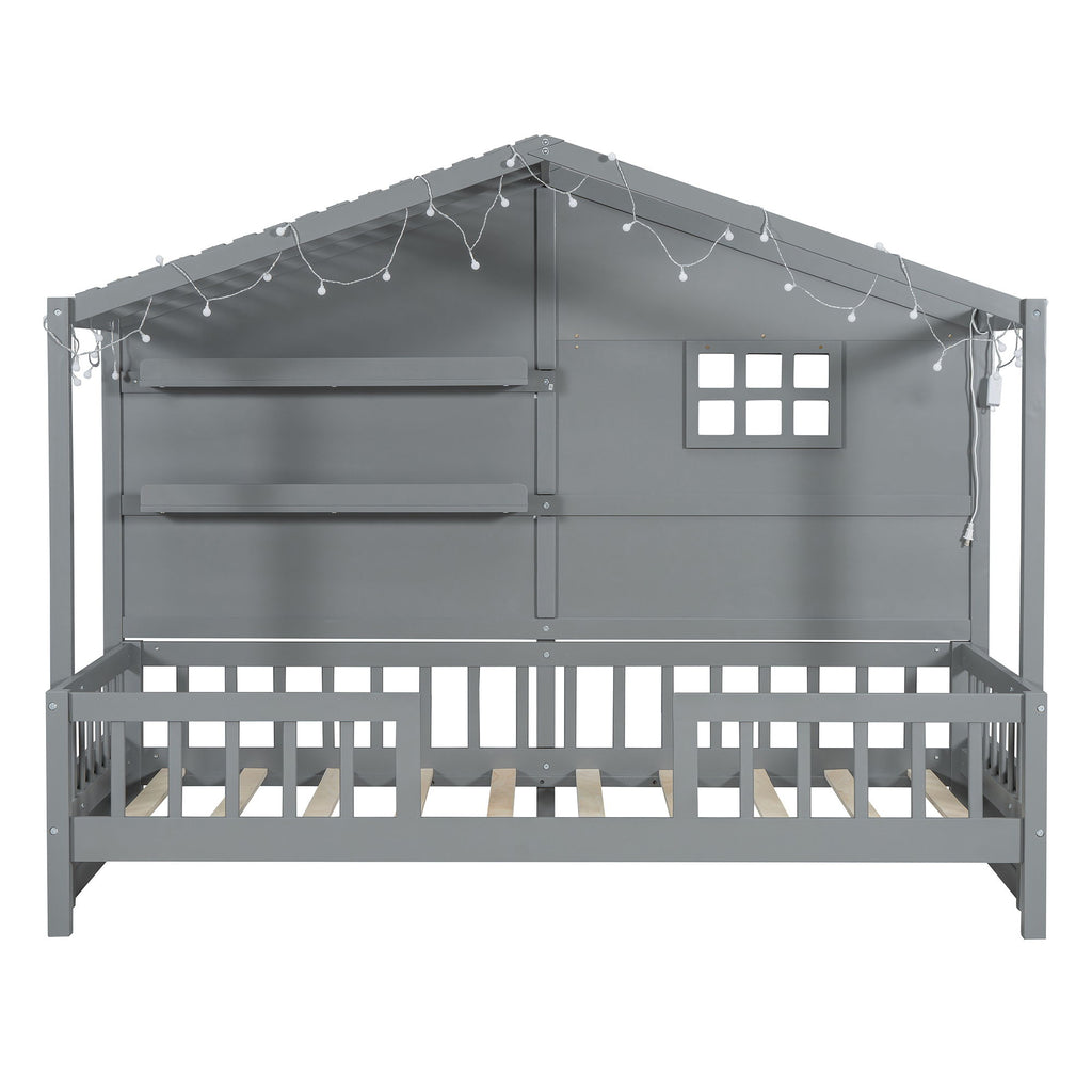 House Bed With Shelves, Window And Sparkling Light Strip On The Roof