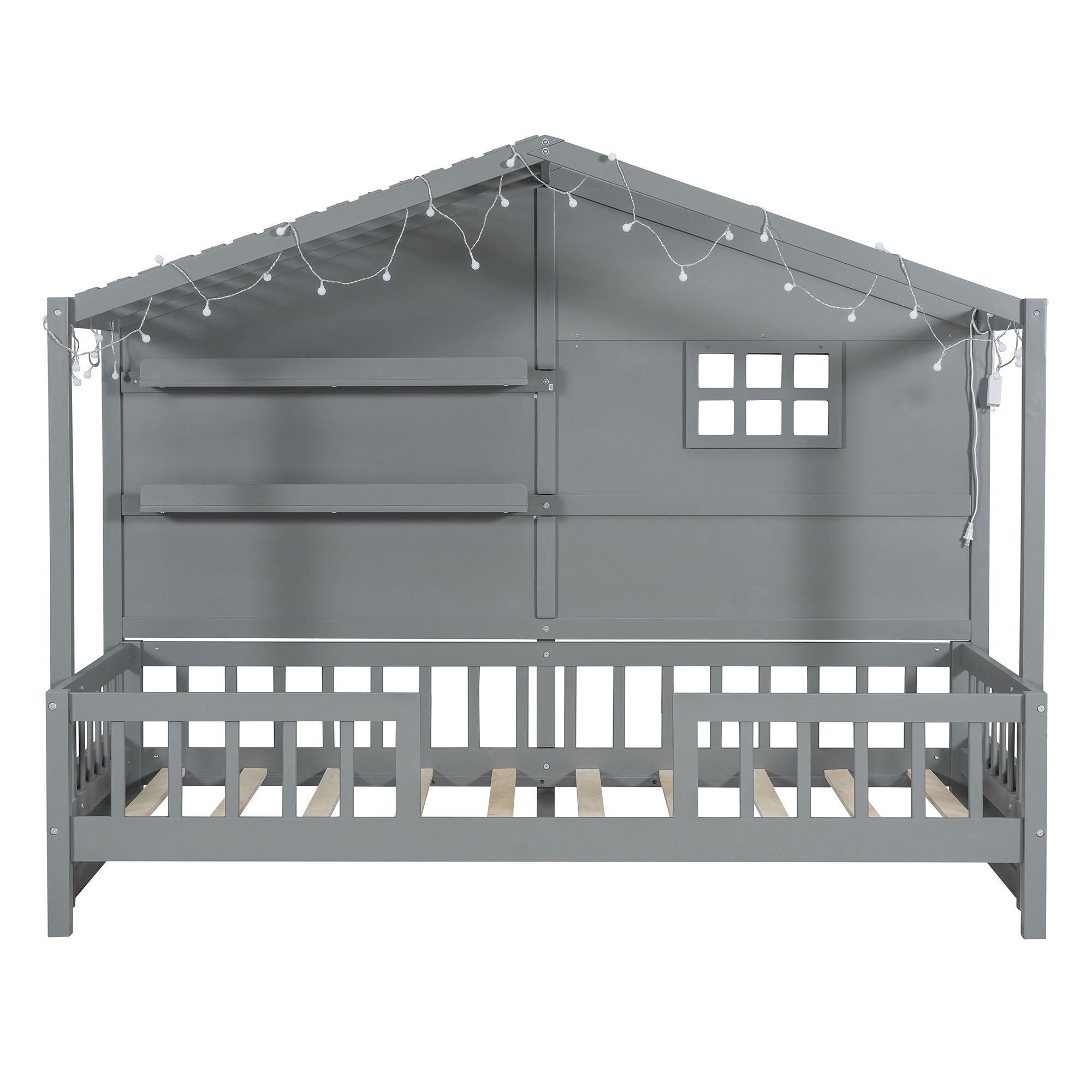 House Bed With Shelves, Window And Sparkling Light Strip On The Roof