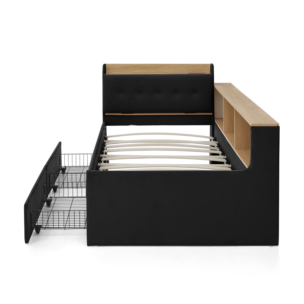 Upholstered Daybed With Storage Headboard, Wireless Charging, LED Lights