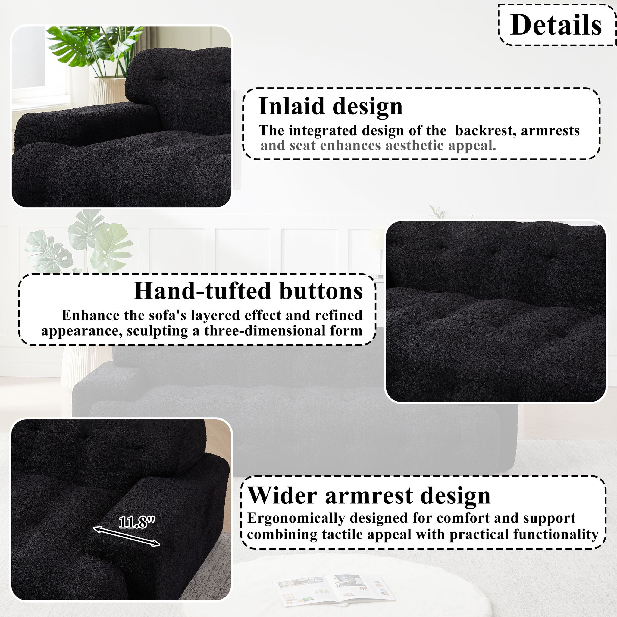 Cloud Series Minimalist Button Tufted Square Arm 3 Seater Sofa