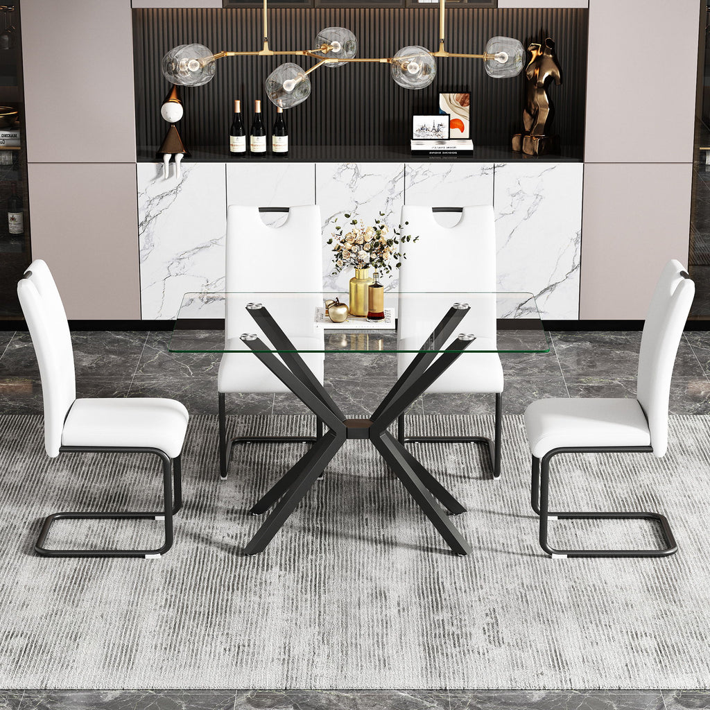 Rectangular Clear Tempered Glass Dining Table, Stylish Design With Plated Metal Legs