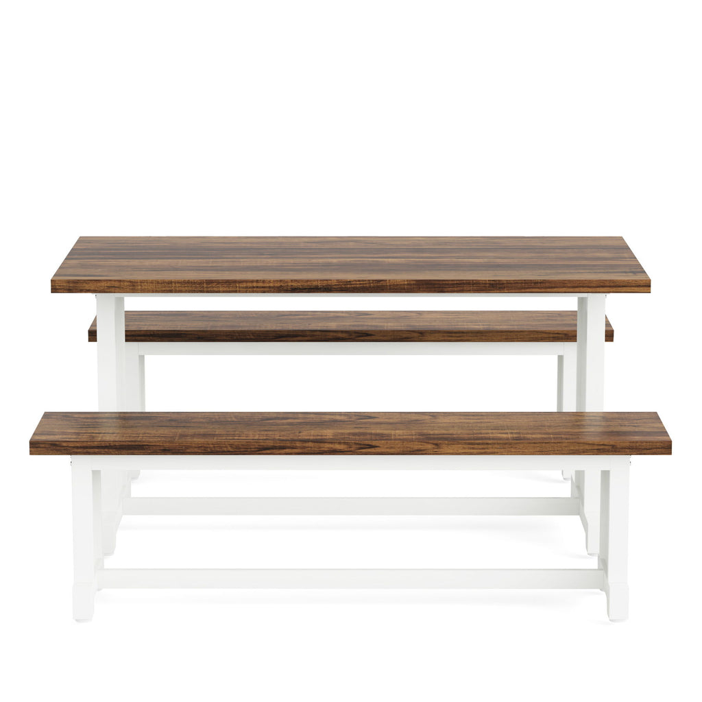 3 Piece Dining Table Set For 2 - 4, With Space Saving Benches - Brown / White