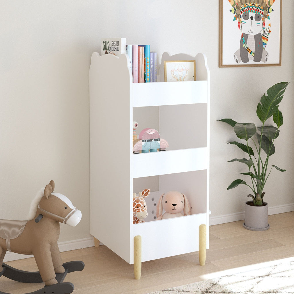 Bear Shaped Bookshelf With Chalkboard Side, 3 Tier Storage Organizer For Playroom - White