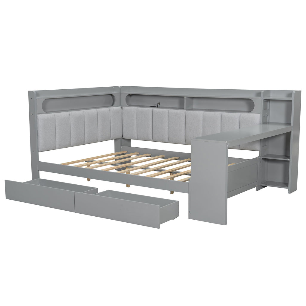 Daybed With Upholstered Headboard, Storage Shelves, Drawers, Charging Station, LED Light, And Adjustable Desk