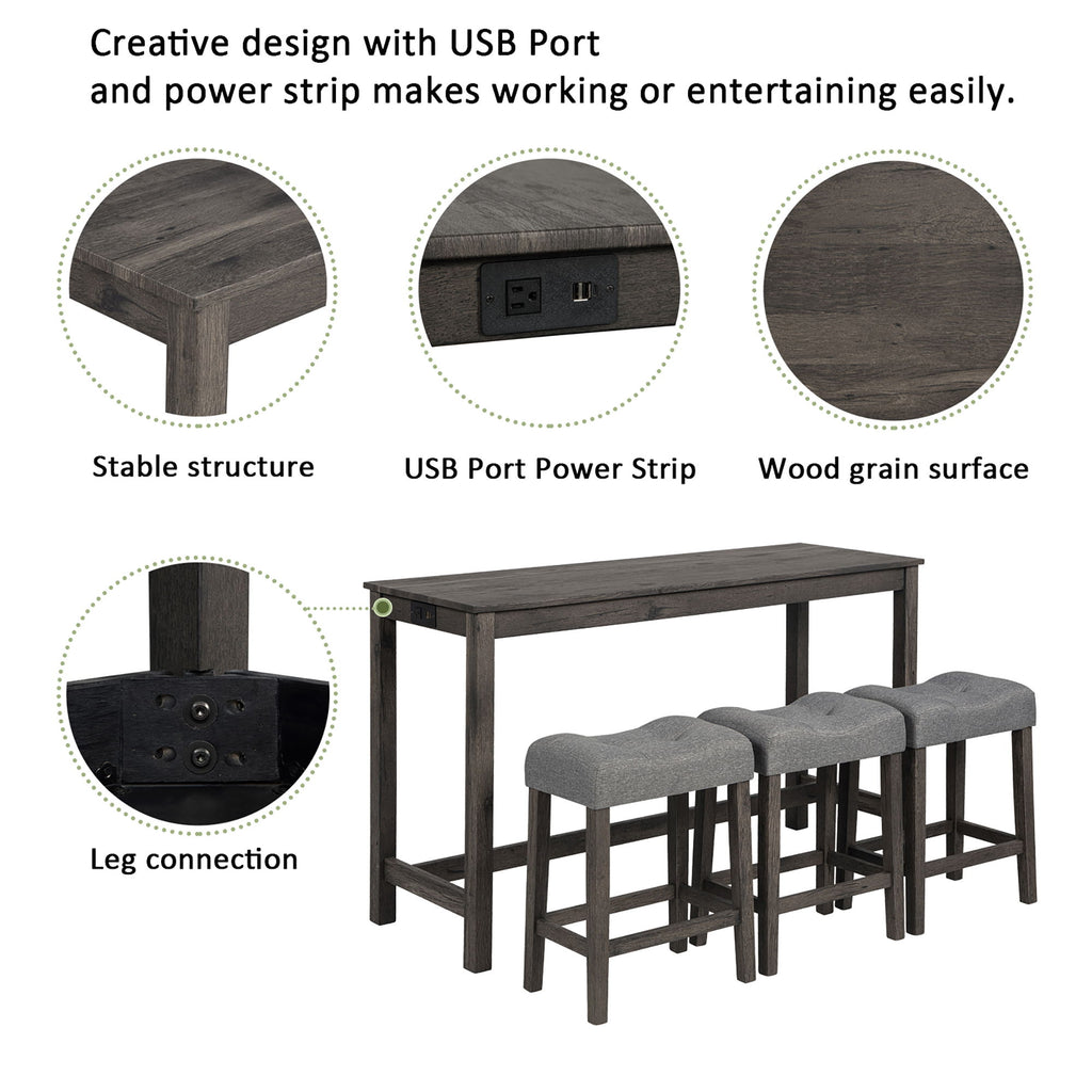 4 Piece Bar Table Set With Power Outlet, 3 Padded Stools