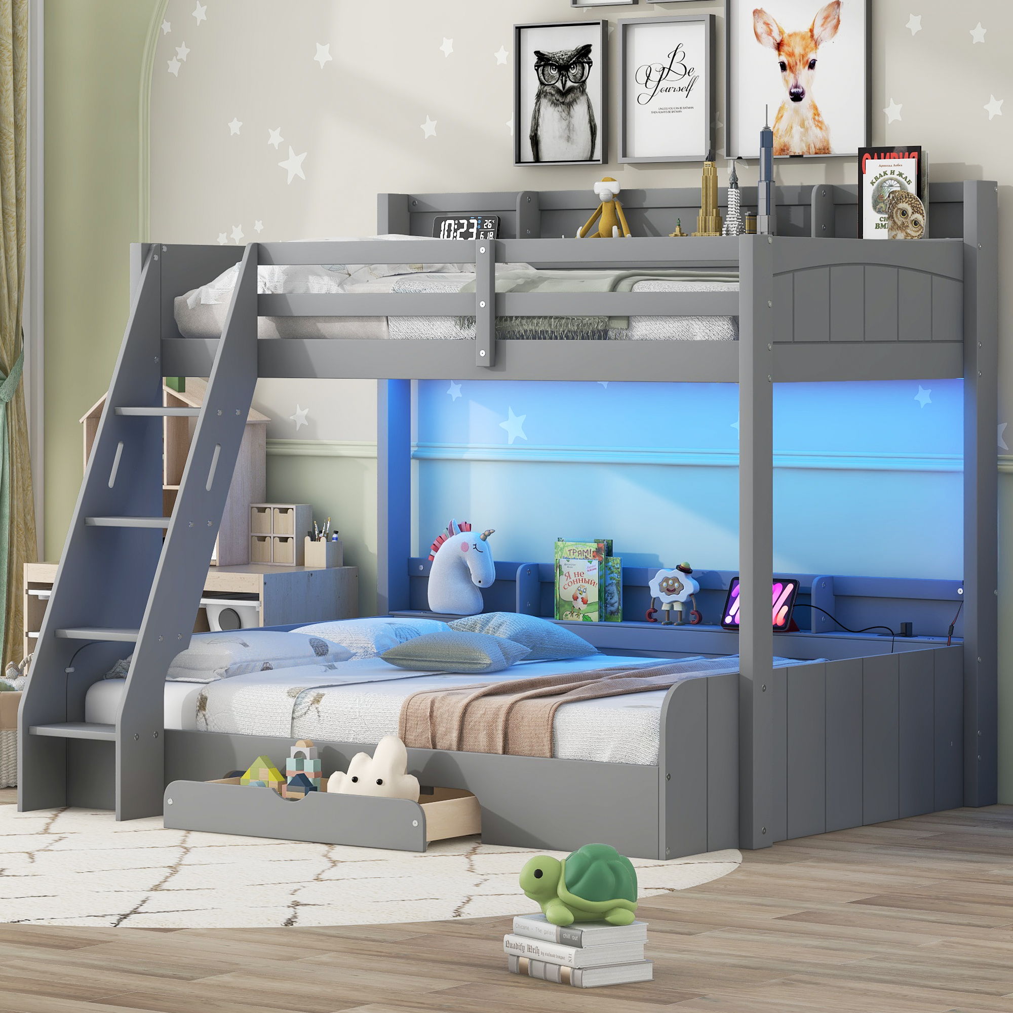 Bunk Bed With Storage Shelves, LED Lighting, Charging Station And Drawer
