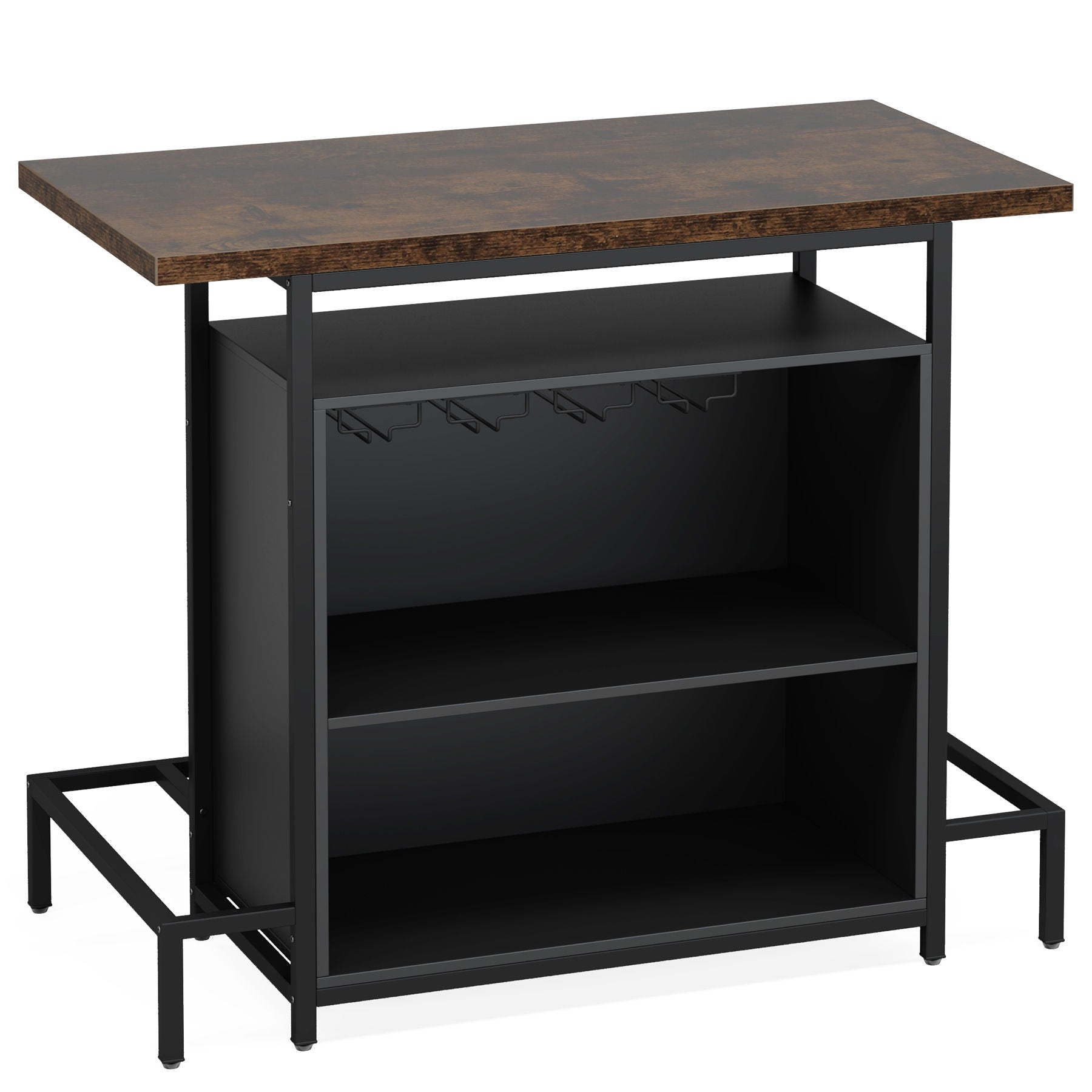 Home Bar Cabinet With 3 Tier Storage & 4 Wine Glass Racks - Brown / Black