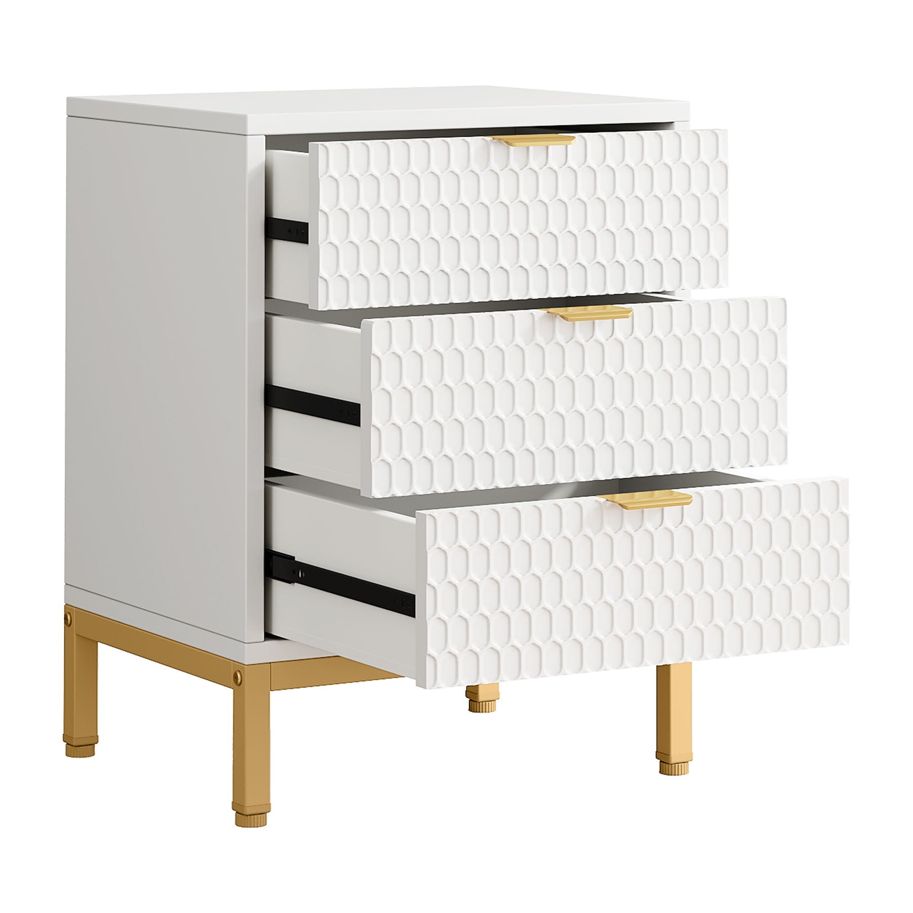 3 Drawer Nightstand With Hexagon Pattern, Storage Table For Living - White