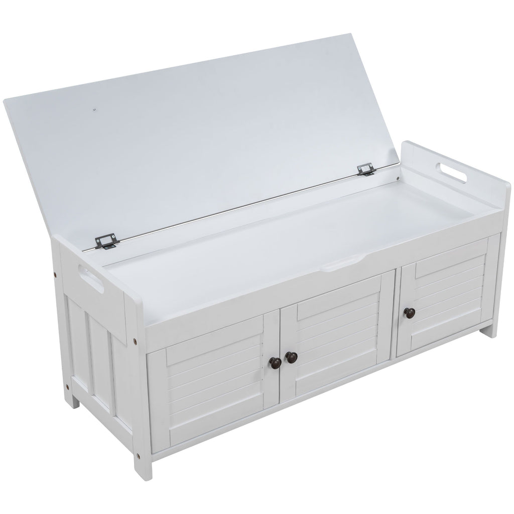 Storage Bench With 3 Shutter-Shaped Doors, Shoe Bench With Removable Cushion And Hidden Storage Space