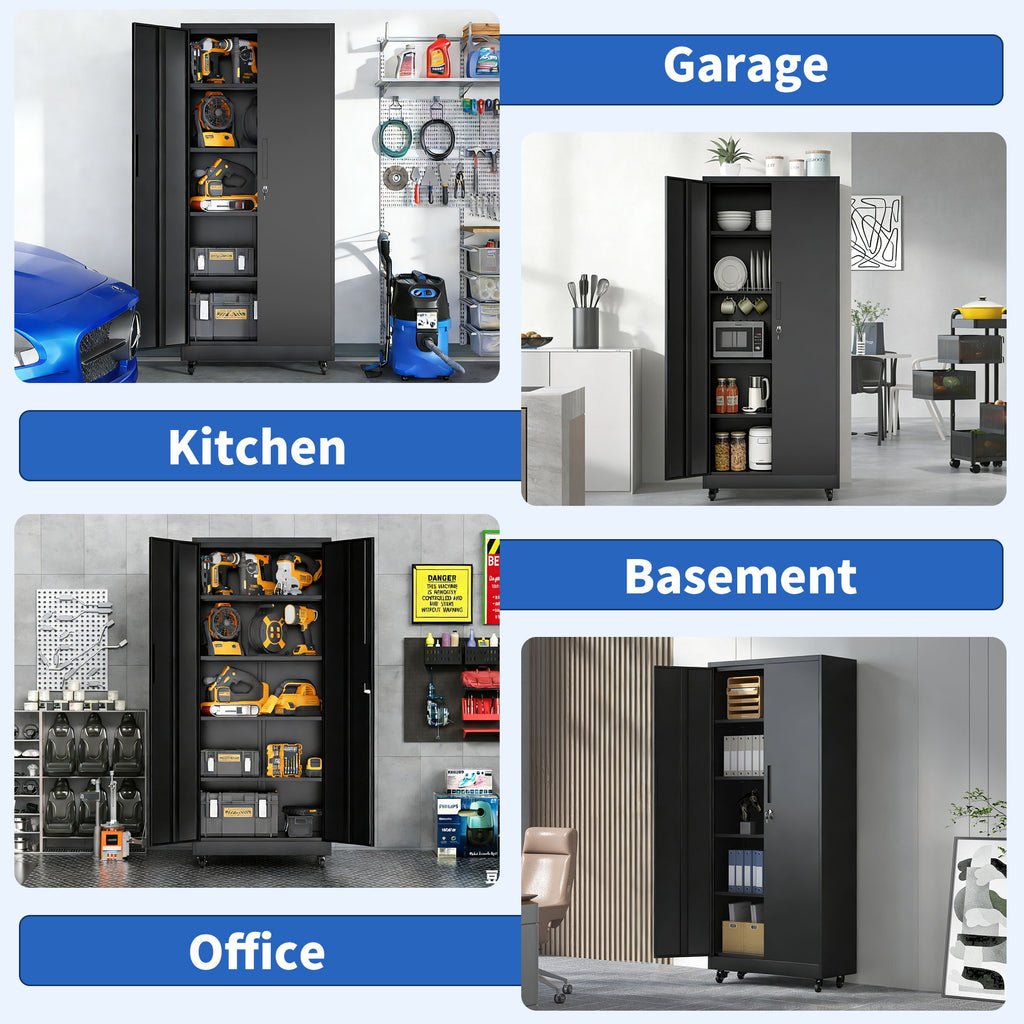 Storage Cabinet With Wheels And Lock, 4 Adjustable Shelves, 3 Point Locking Security, For Tool Organization In Garage - Black