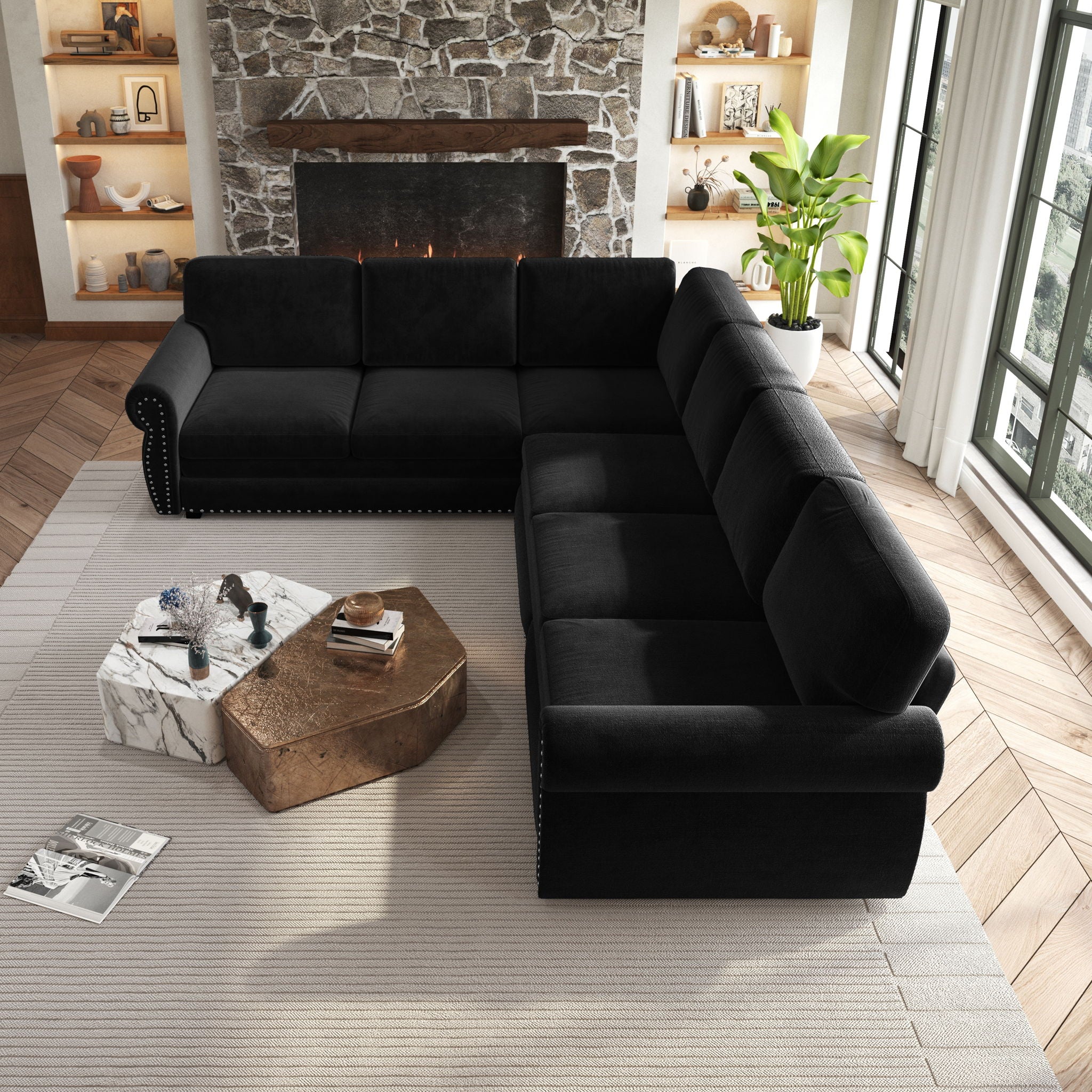 L-Shaped Sofa Couch With Pull Out Bed With Nailhead Trim & Rolled Arm