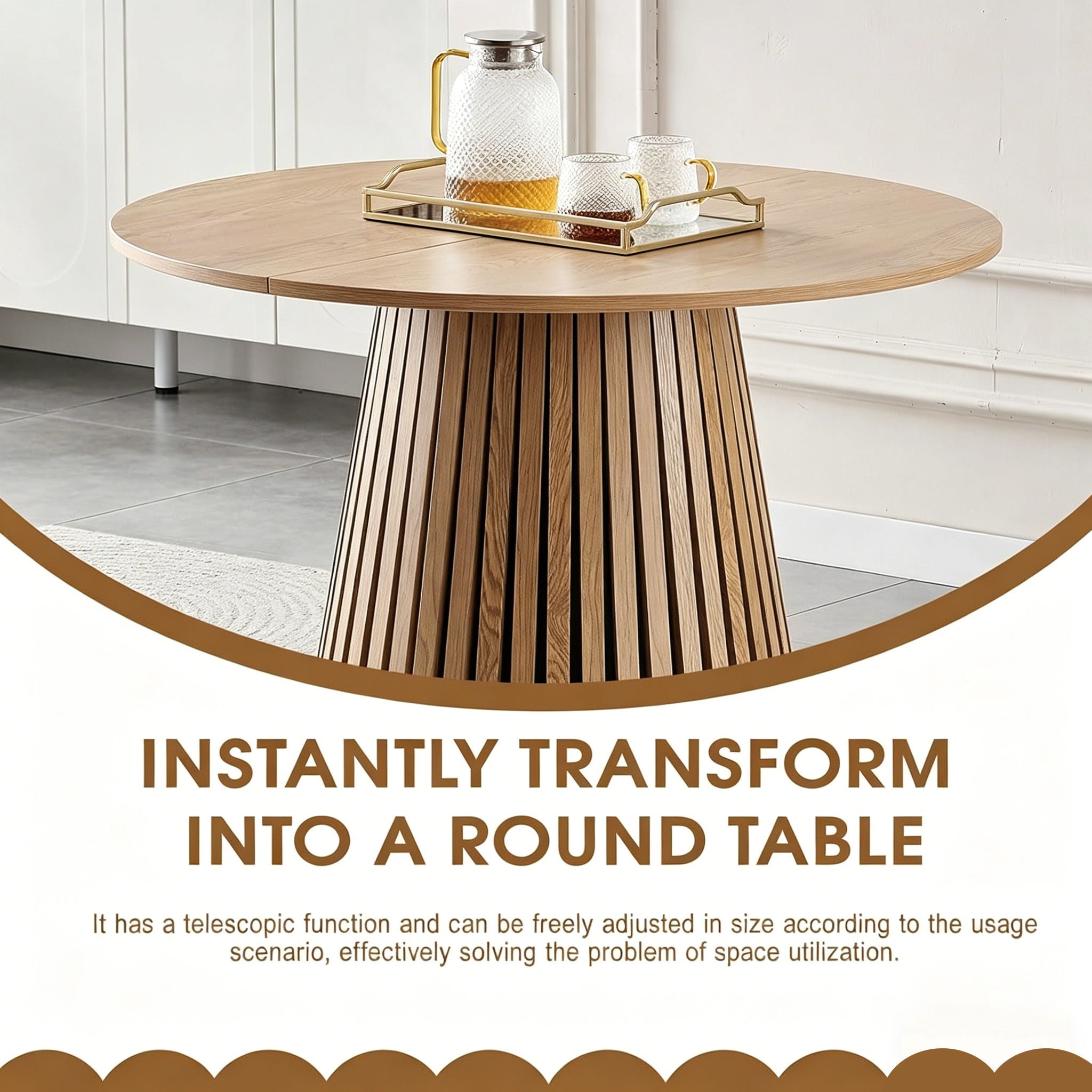 Dining Table, Flexible Extendable Oval Design With Slatted Legs - Natural Wood