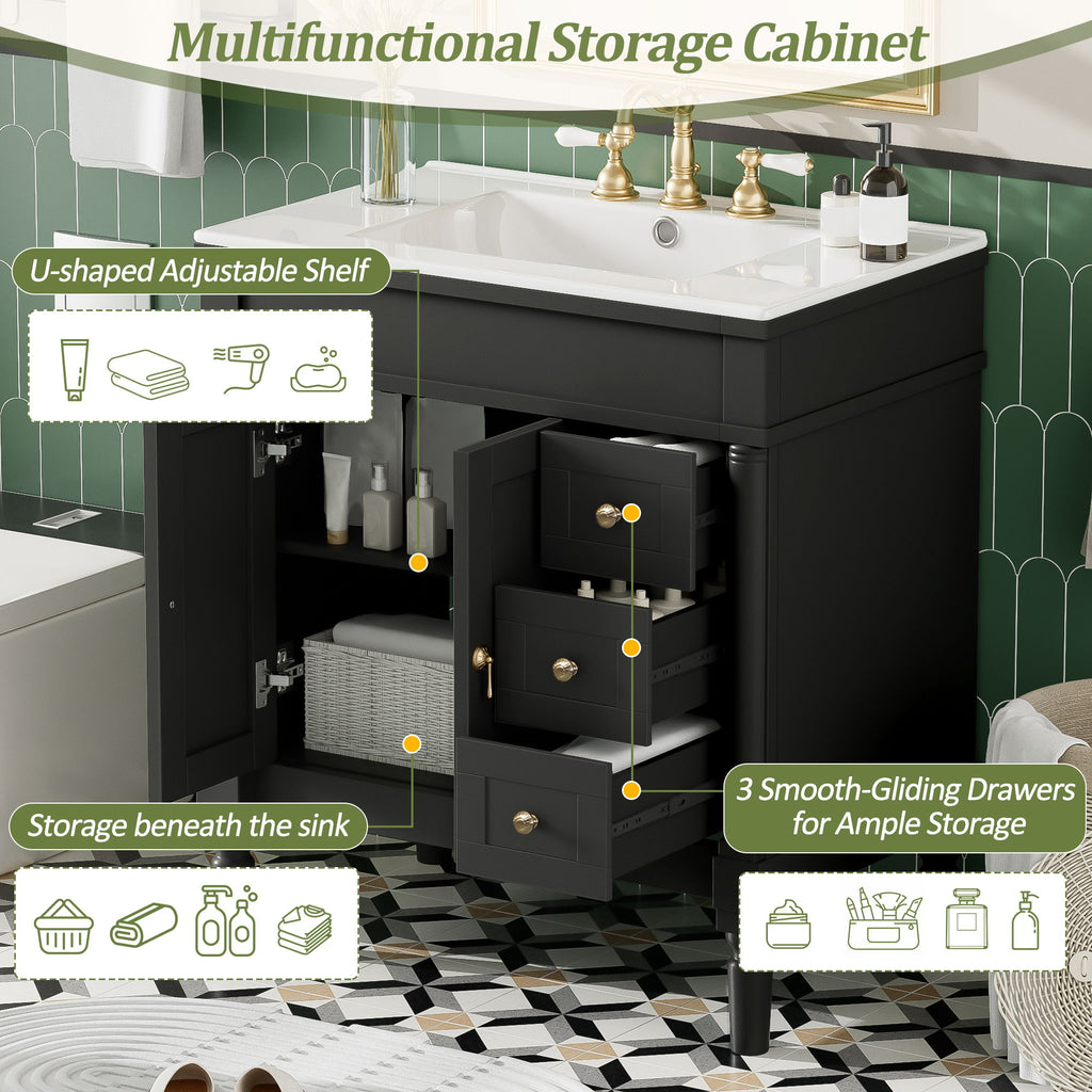 Bathroom Vanity With Ceramic Sink, 2 Doors 3 Drawers, Soft Close Design