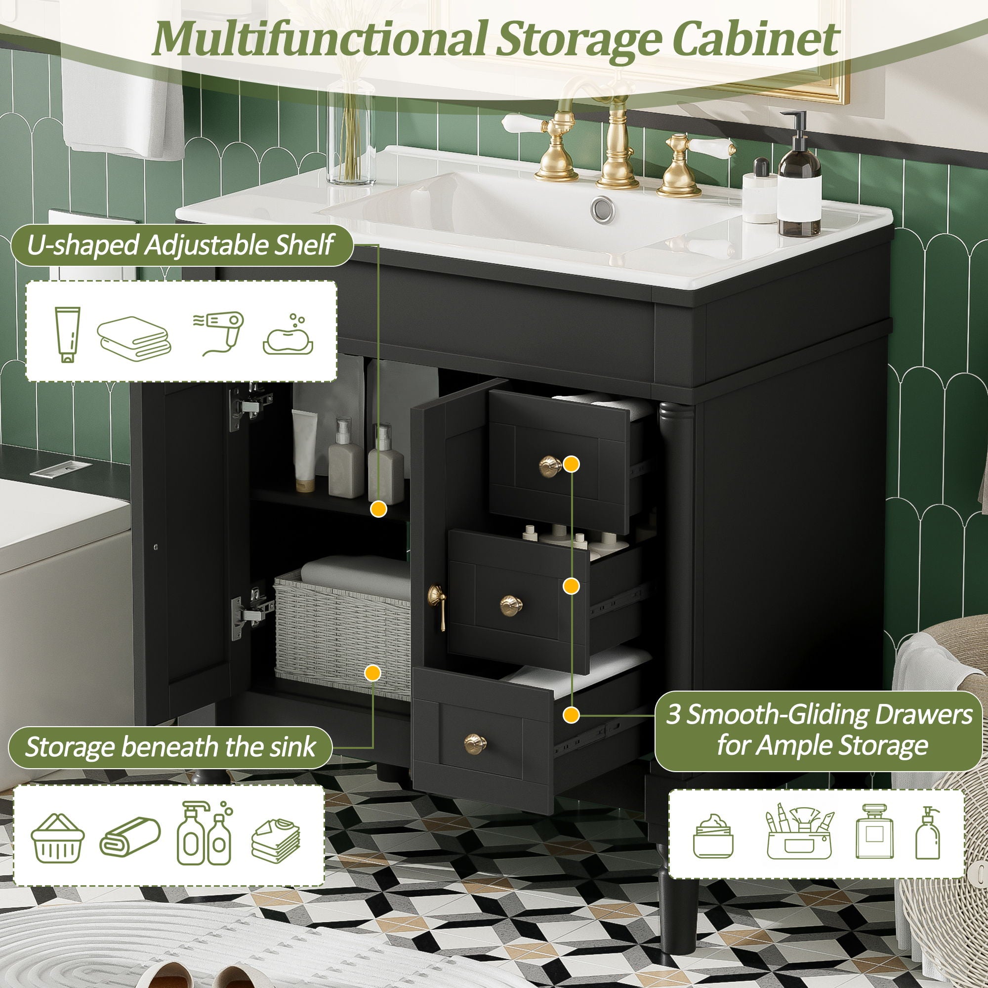 Bathroom Vanity With Ceramic Sink, 2 Doors 3 Drawers, Soft Close Design