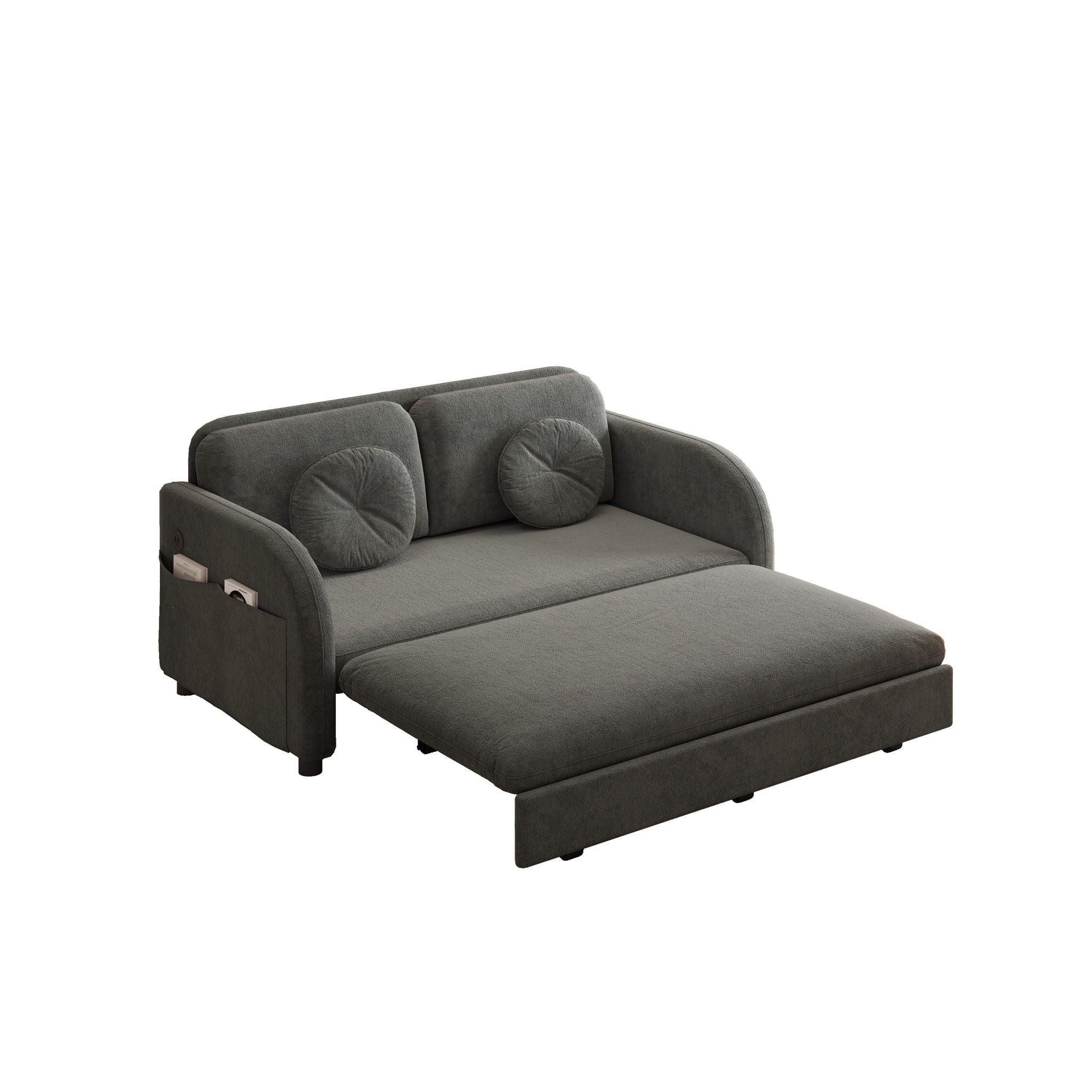 Upholstered Pull Out Couch With Side Pocket & USB Port