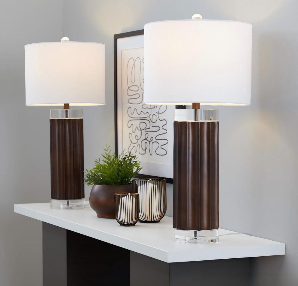 Cylinder - Fluted Contemporary Table Lamp (Set of 2) - Brown / Clear / White