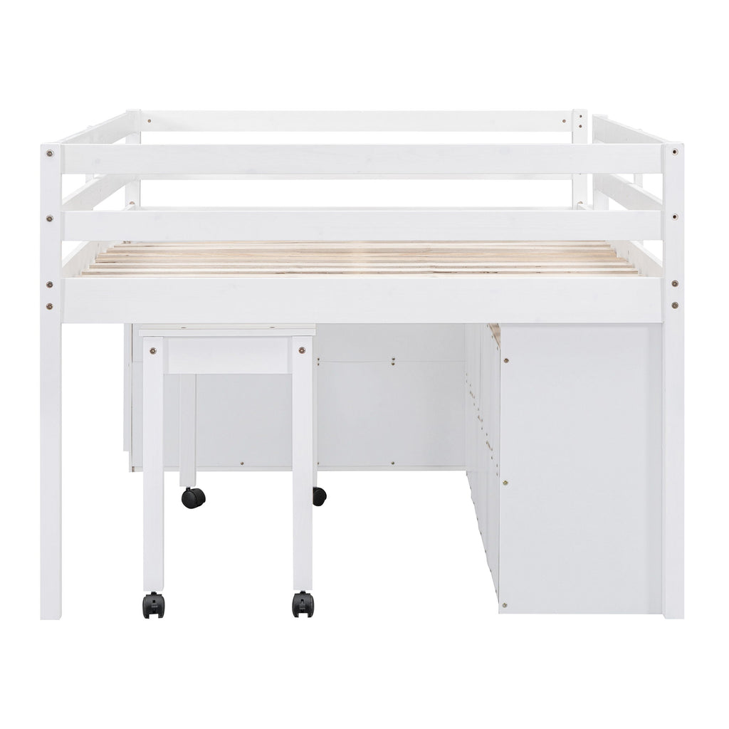 Loft Bed With Retractable Writing Desk And 4 Drawers, With Lateral Portable Desk And Shelves
