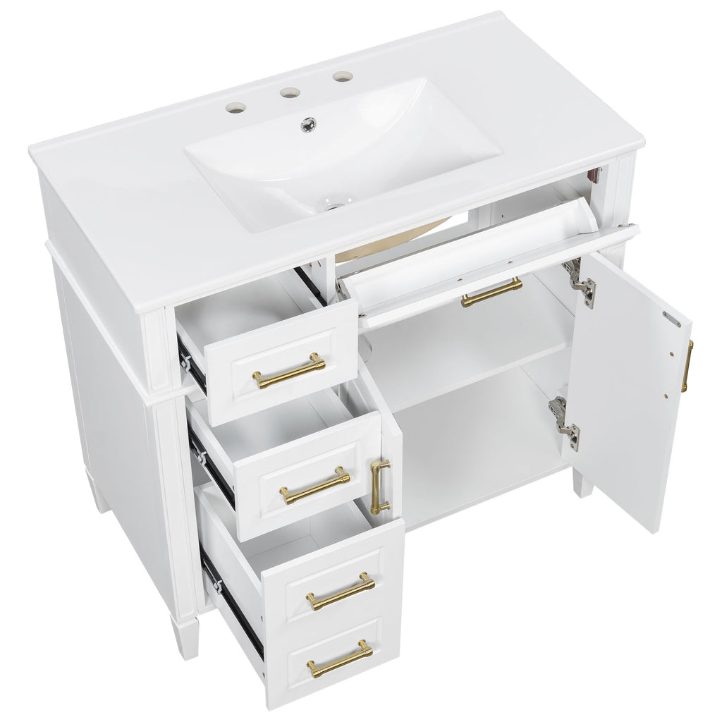 Bathroom Vanity With Sink, 4 Drawers (1 Flip Drawer), 2 Doors & Adjustable Shelf - White