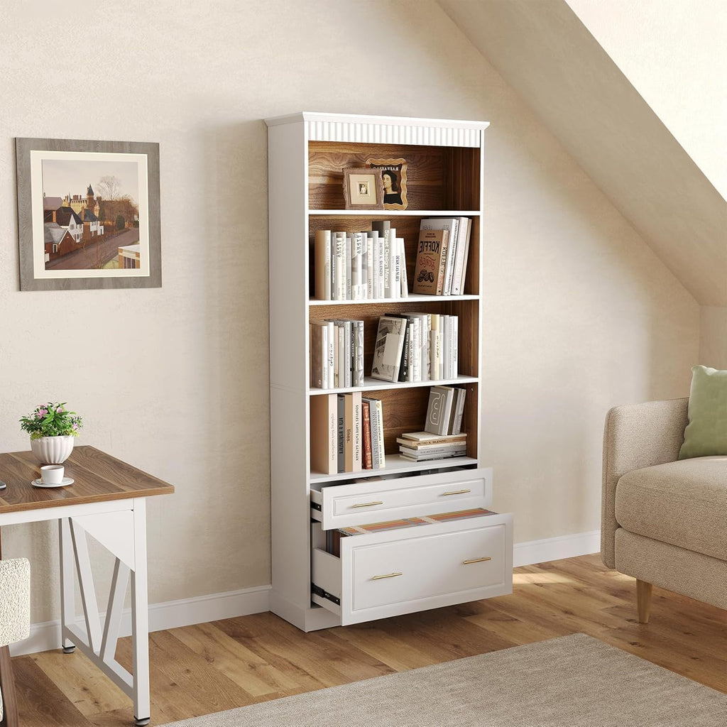 5 Tier White Bookcase With 2 Drawers Storage Organizer For Living Room - White