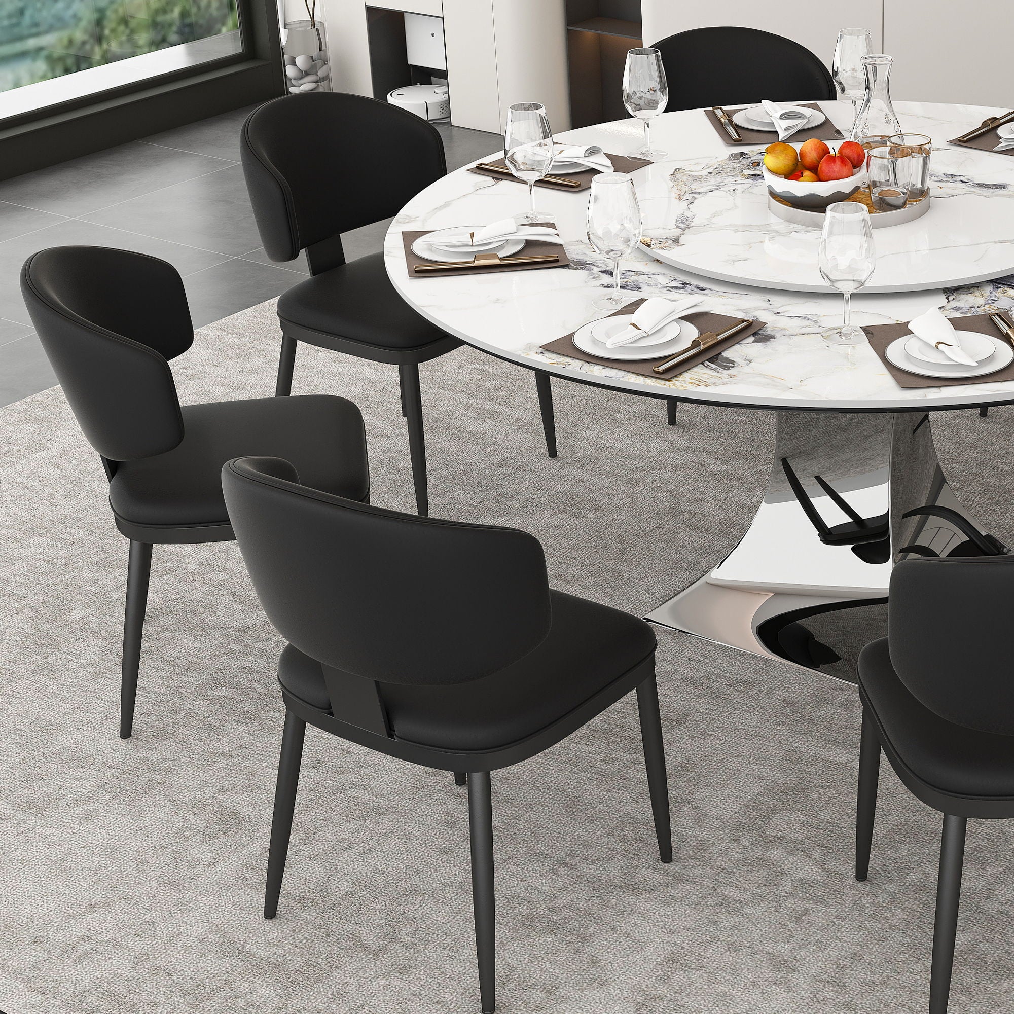 Round Dining Table With 6 Chairs Set - Silver