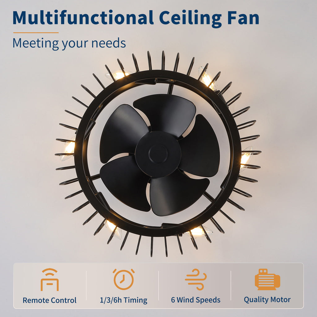 Flush Mount Ceiling Fan With Lights, Low Profile Fandelier With E12 Sockets, Reversible DC Motor, 6 Speeds - Black