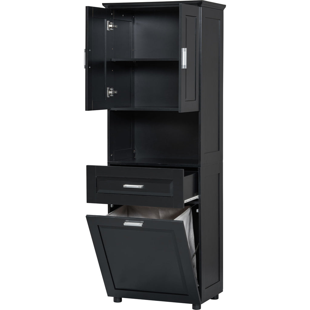 Tall Bathroom Cabinet With Tilt-Out Laundry Basket And Upper Storage