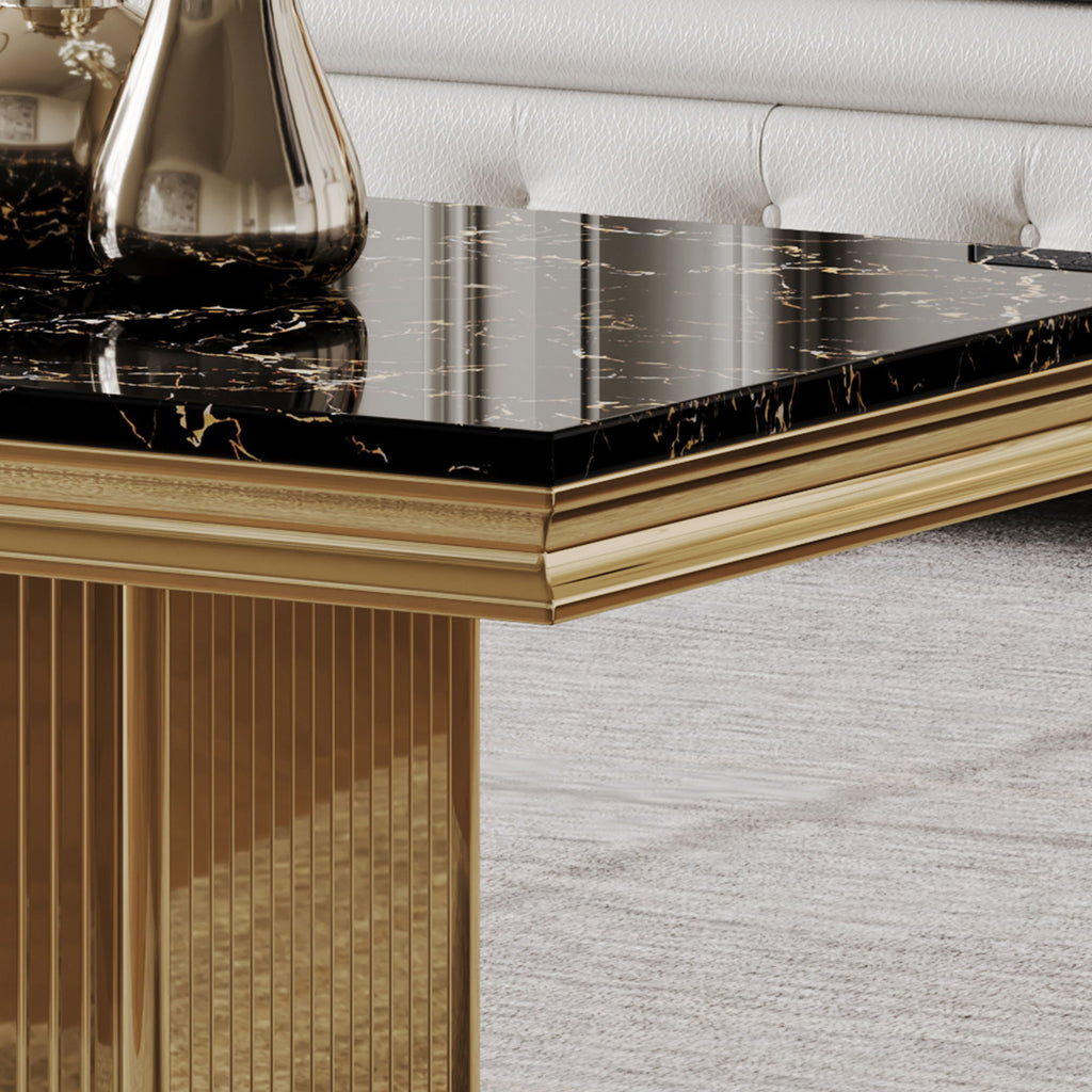Marble Printed Top Rectangular Table, Stainless Steel Base With Mirrored Finish