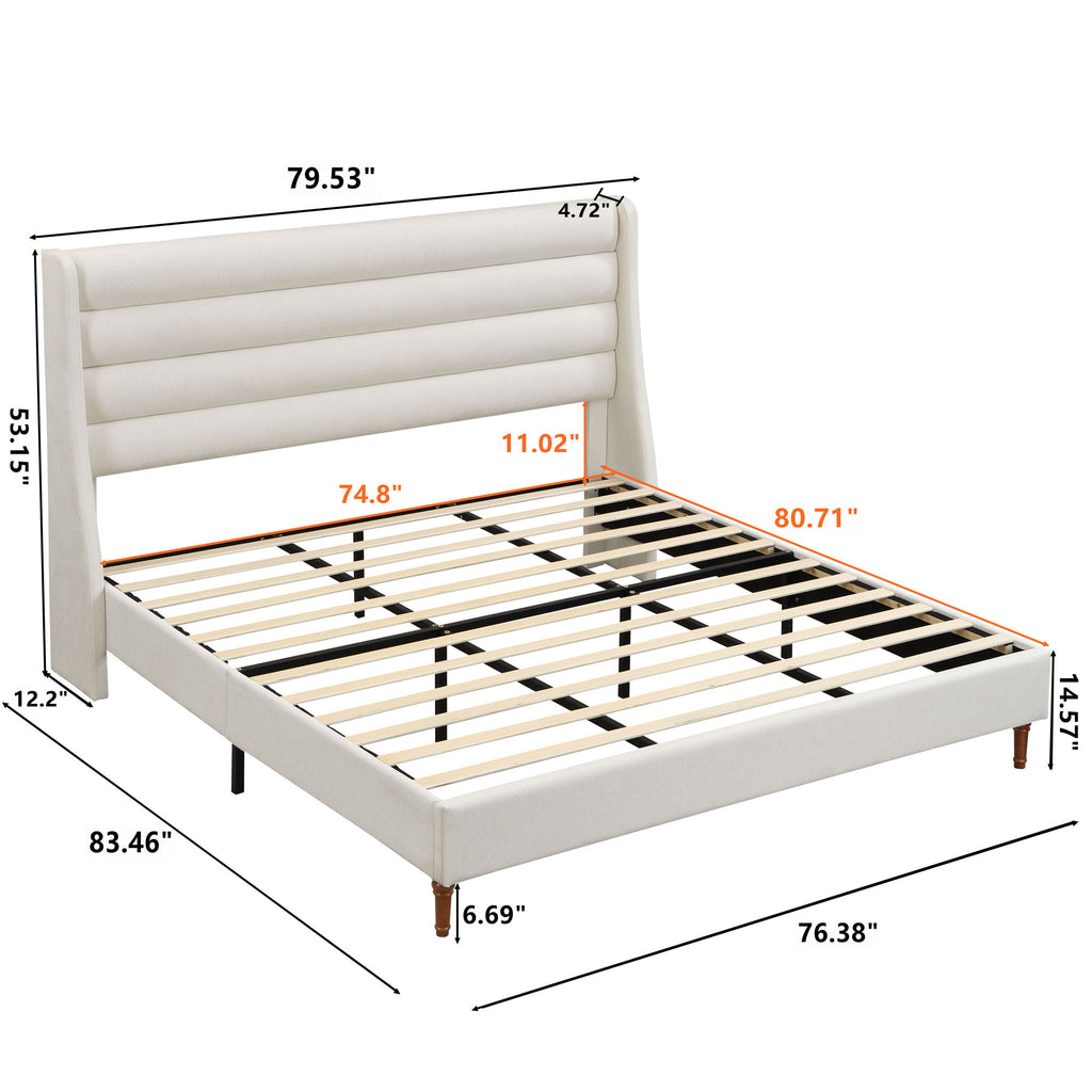 Modern Upholstered Platform Bed With Wave Shaped Headboard
