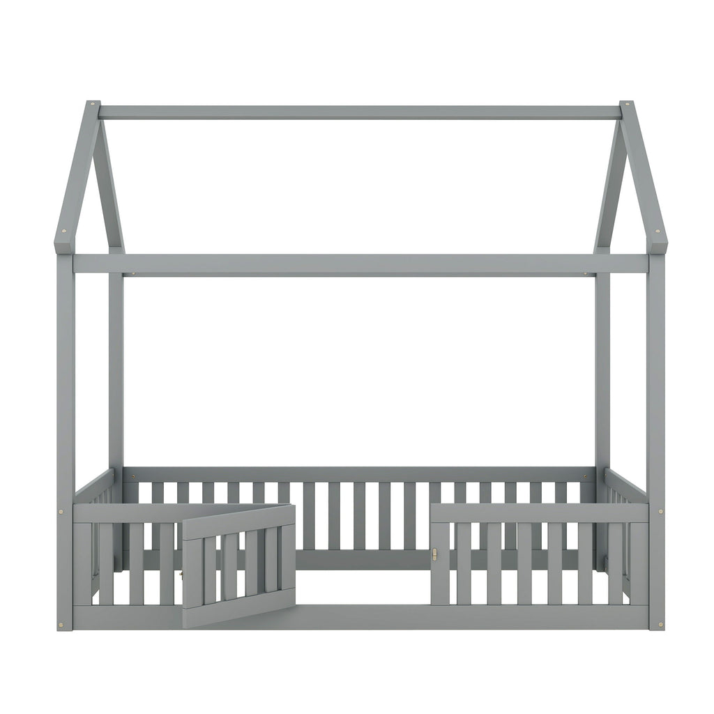 Wood House Bed With Fence And Door