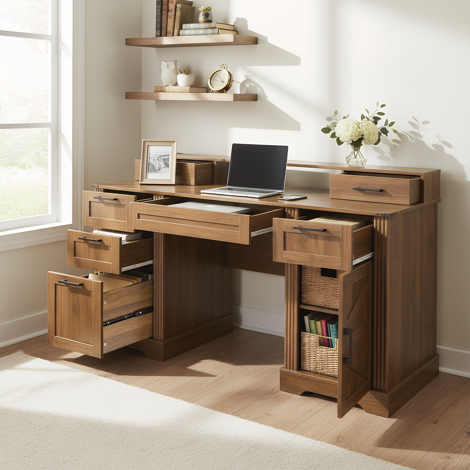 Office Desk With Charging Station & Storage Cabinet
