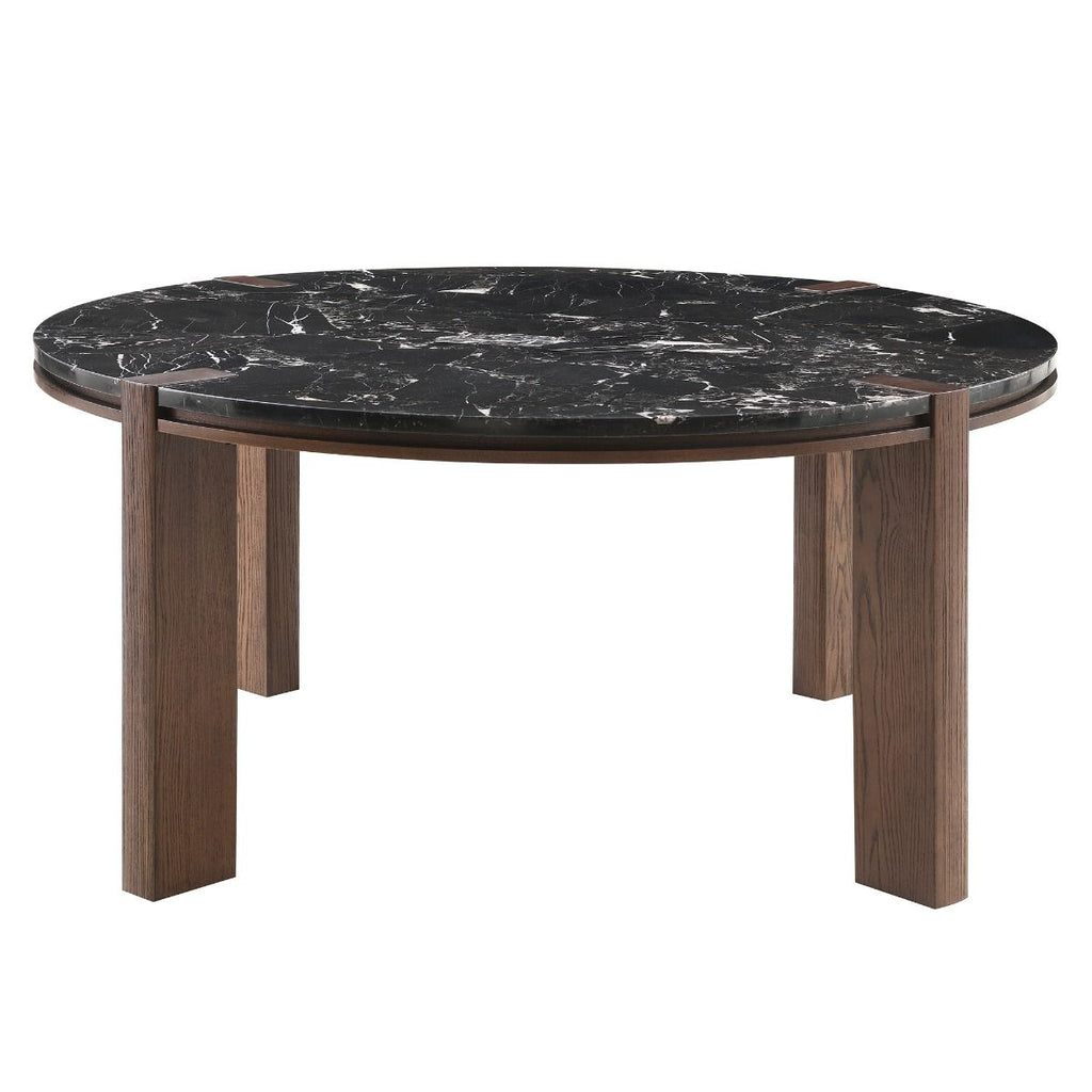Estella - Round Dining Table With Natural Marble Top - Black Top & Walnut