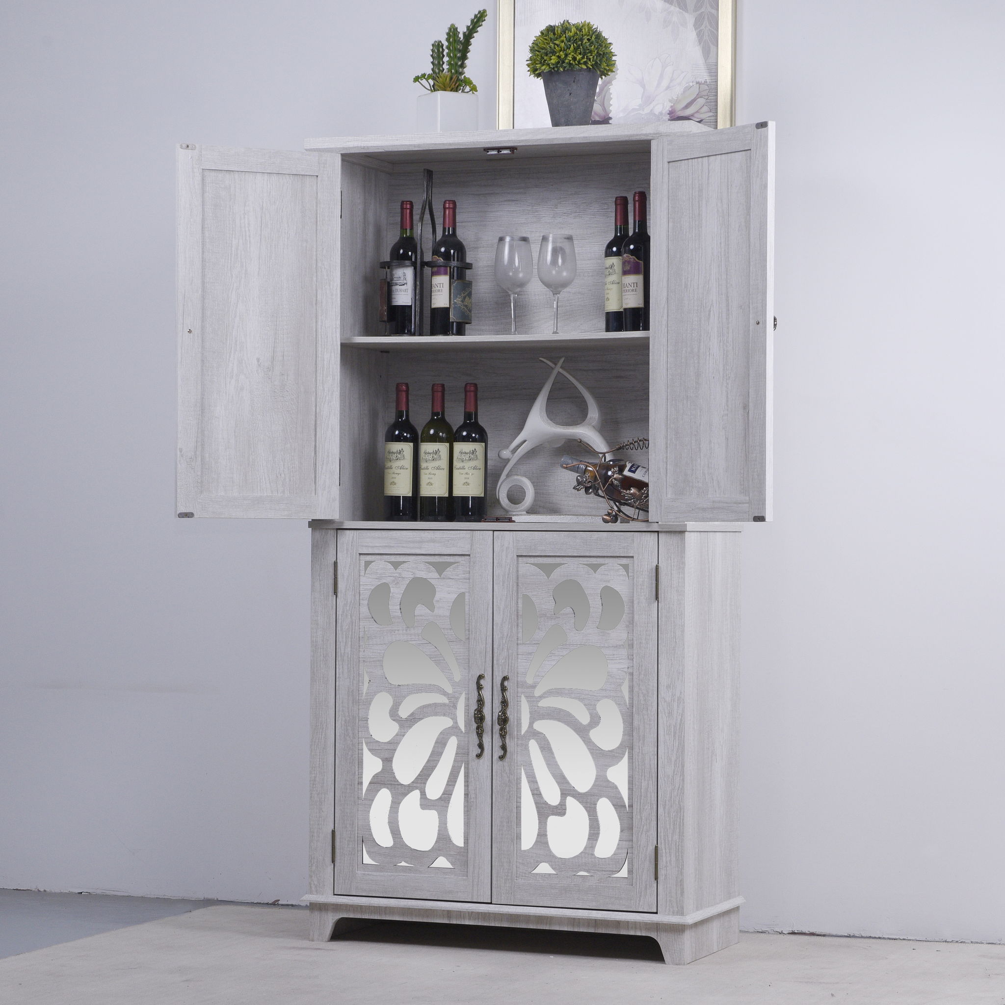 Modern Sideboard Buffet With 4 Mirrored Doors, Adjustable Shelves