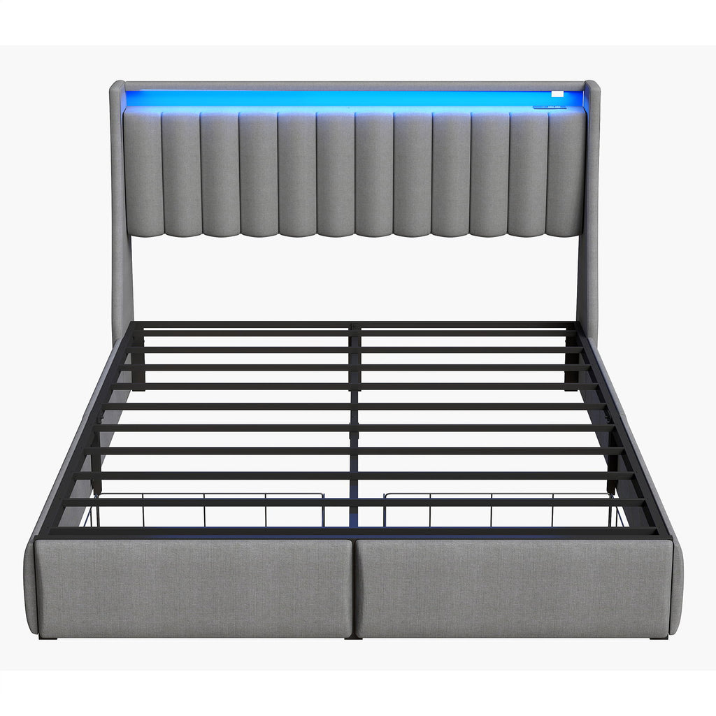 Upholstered Platform Bed Frame With RGB LED Lights, Charging Station & 2 Underbed Drawers