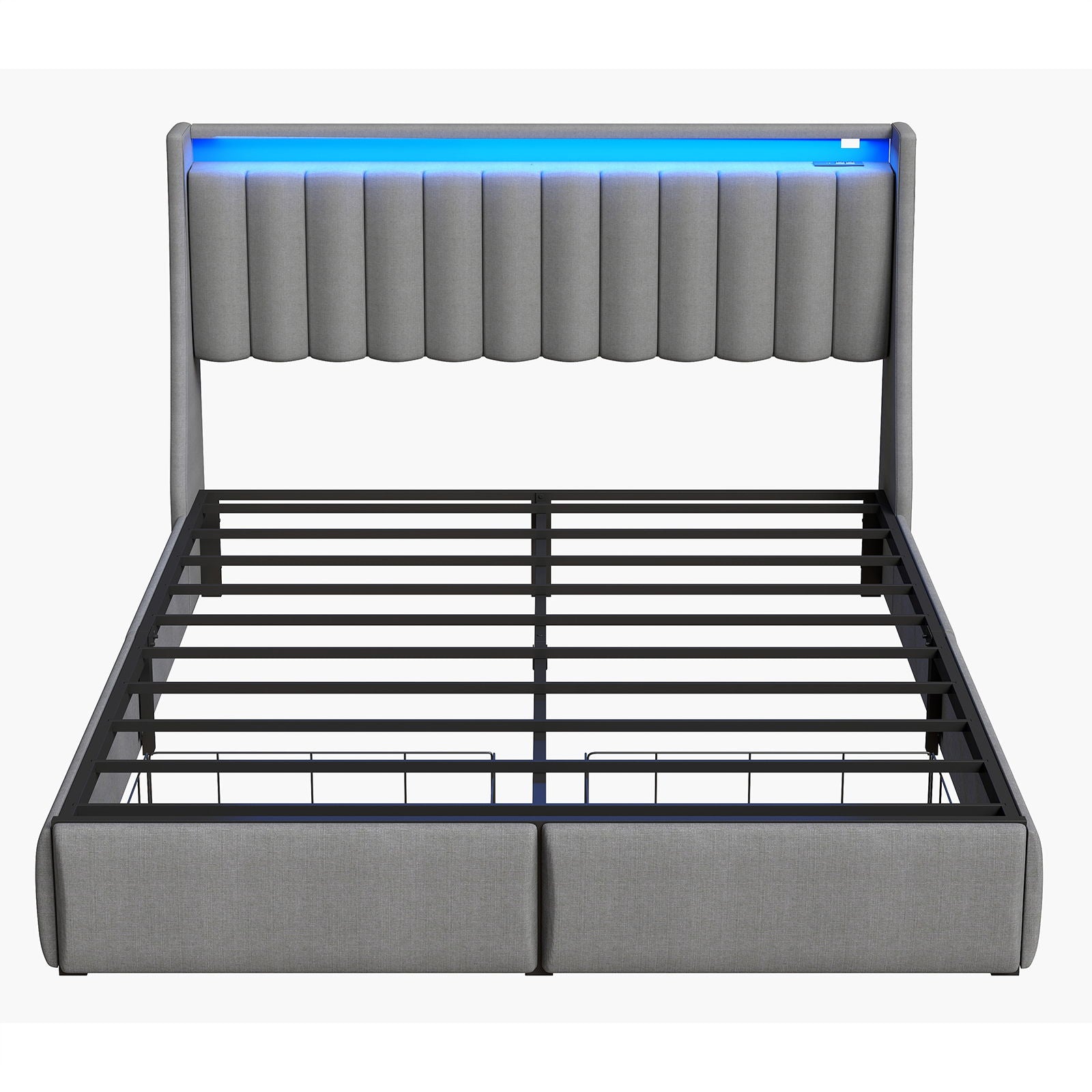 Upholstered Platform Bed Frame With RGB LED Lights, Charging Station & 2 Underbed Drawers