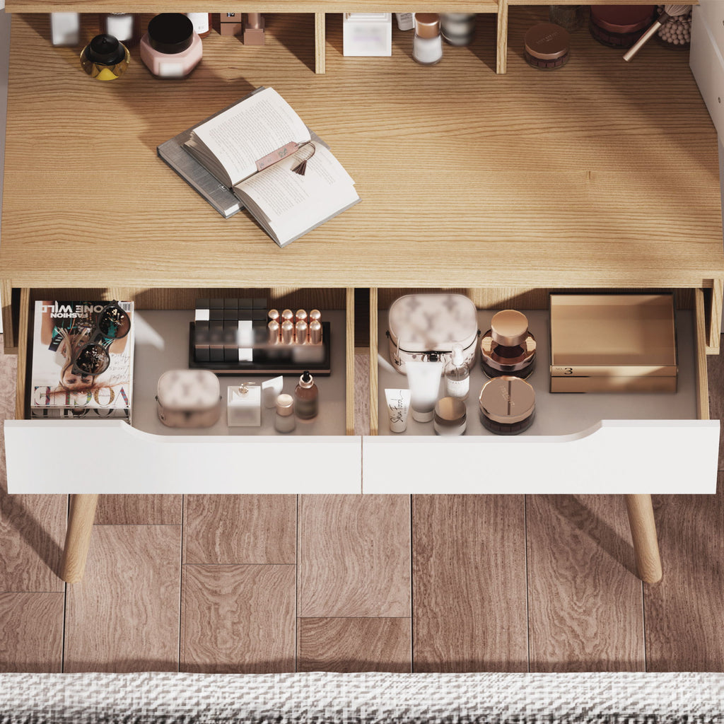 Elegant Makeup Vanity Desk With Adjustable Lighted Mirror Table Feet - American White Oak