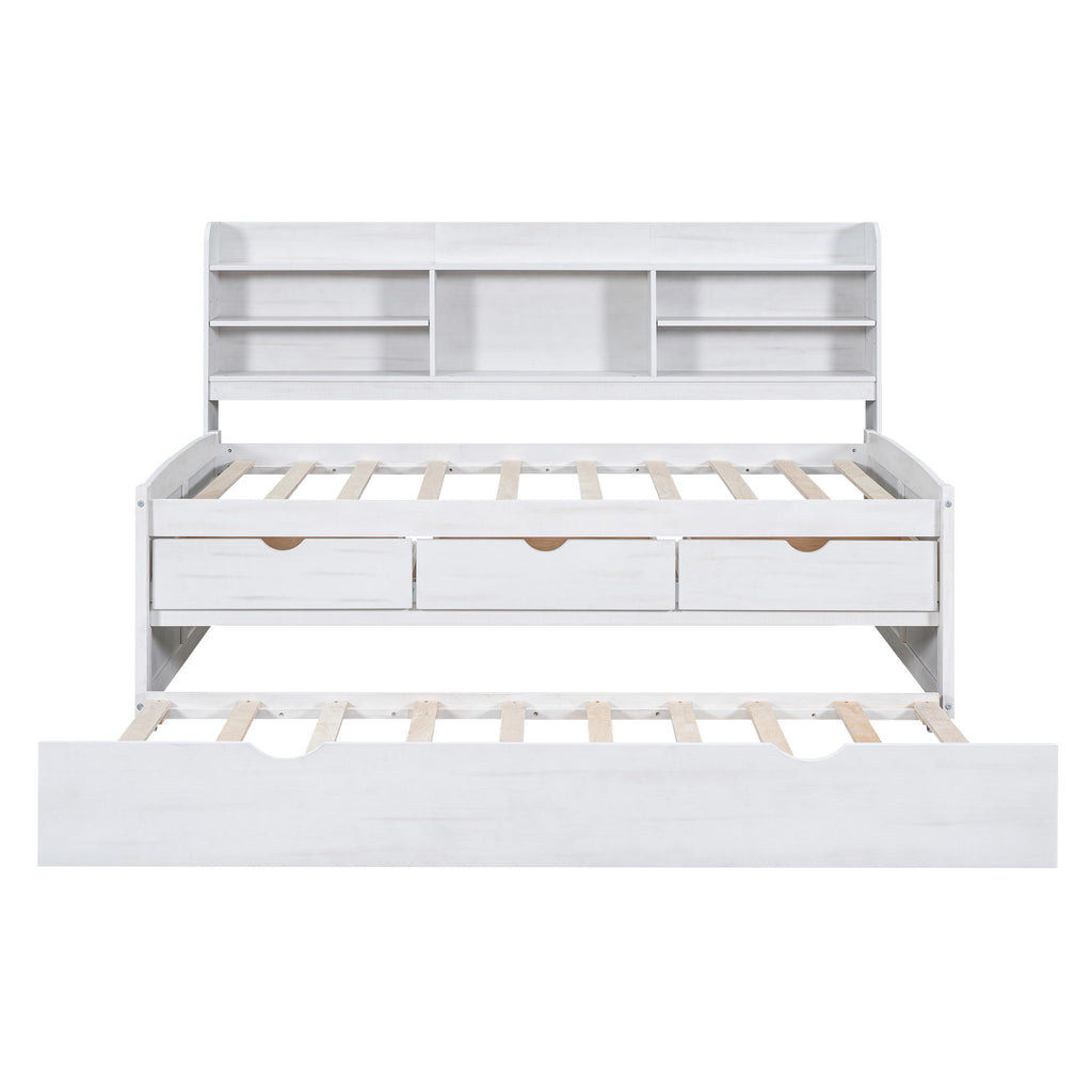 Captain Bed With Built In Bookshelves, 3 Storage Drawers, And Trundle