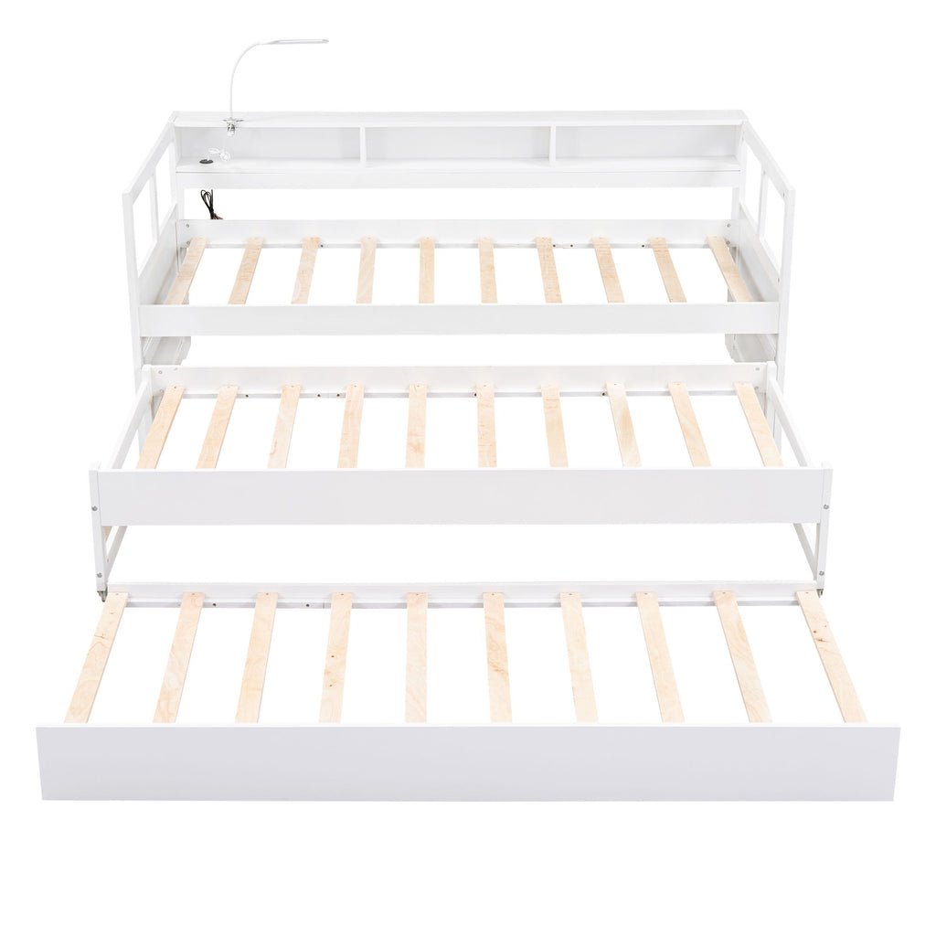Daybed With 2 Trundles, 3 Storage Cubbies, Built In USB Charging Light