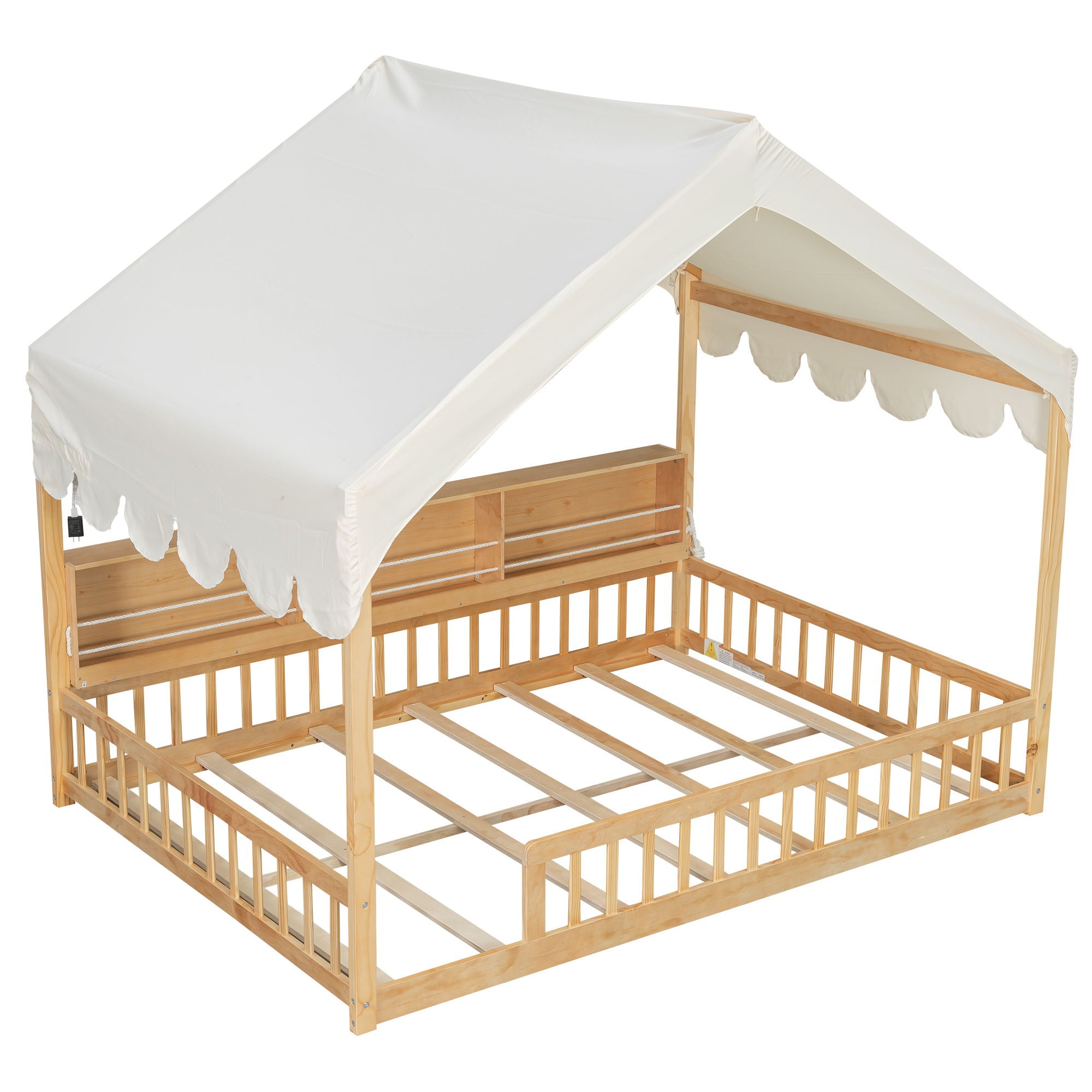 House Shaped Floor Bed With Fense, 3 Storage Bookshelves, Curtain And LED Light
