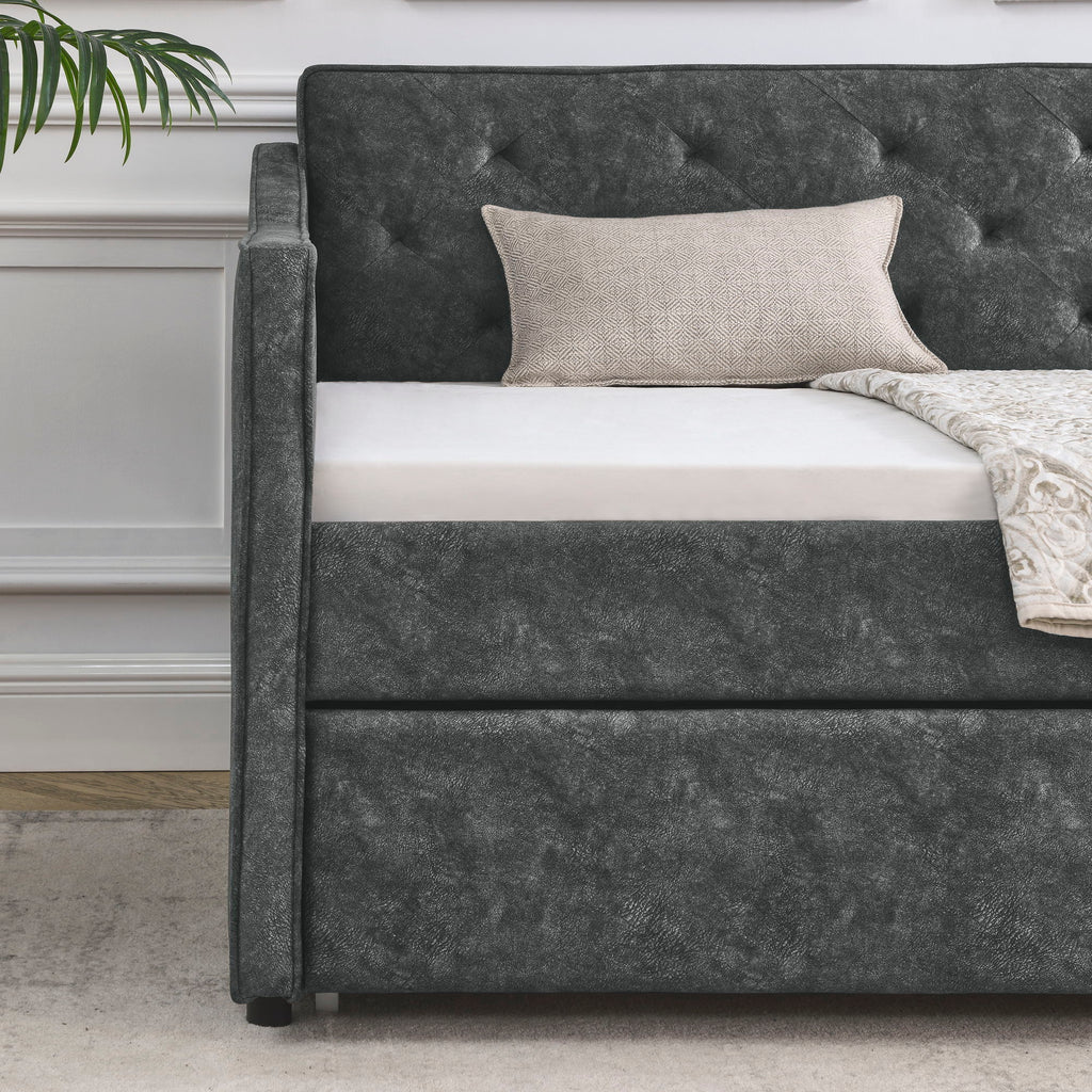 Twin Upholstered Daybed With Trundle, Waved Arms - Gray