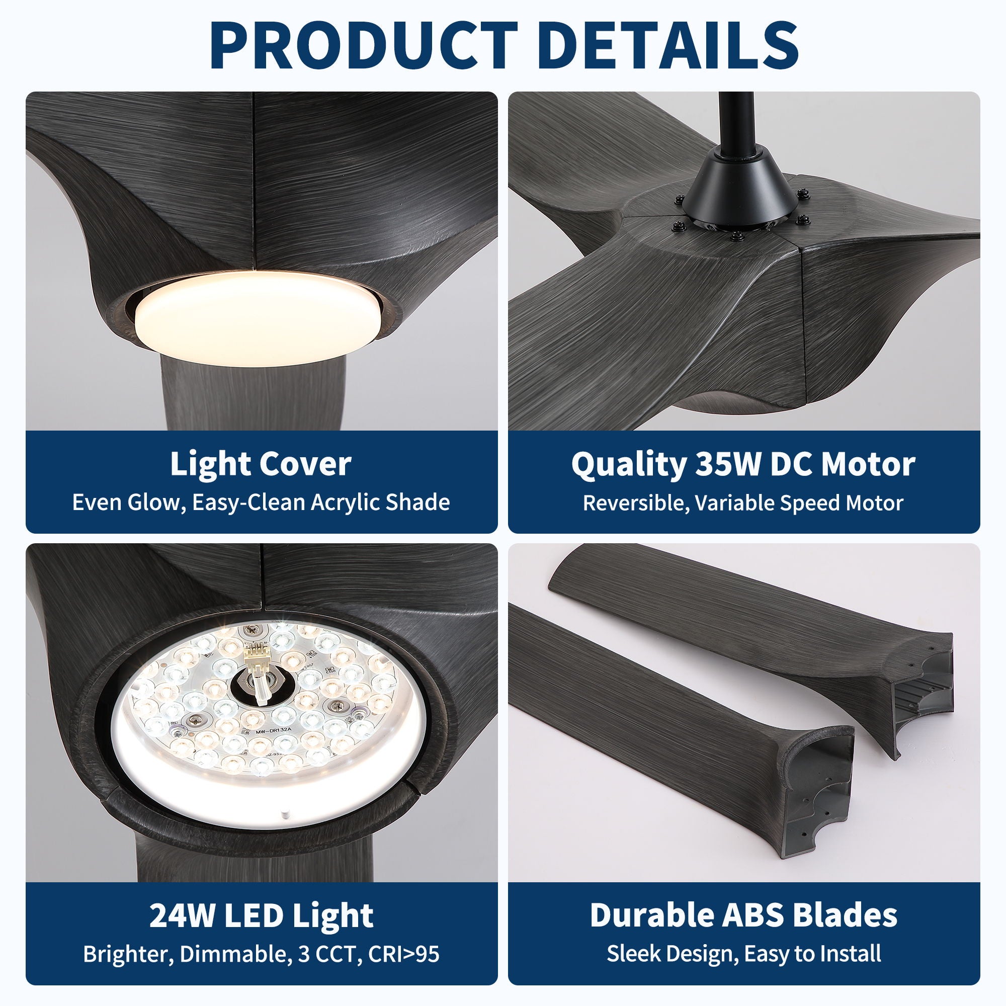 Reversible Quiet Motor Ceiling Fan Light With ABS Blades - Black / Gray