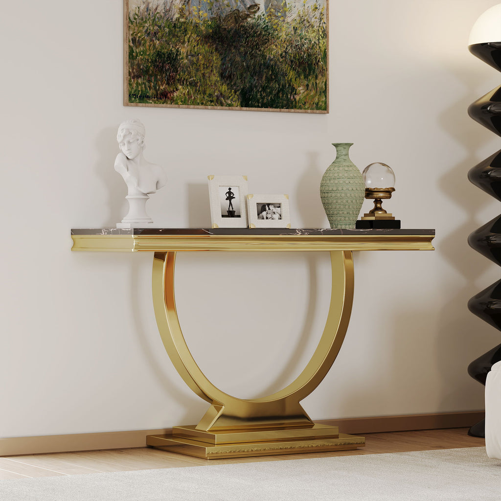 Modern Rectangular Marble Printing Console Table, U Shape Stainless Steel Base - Black