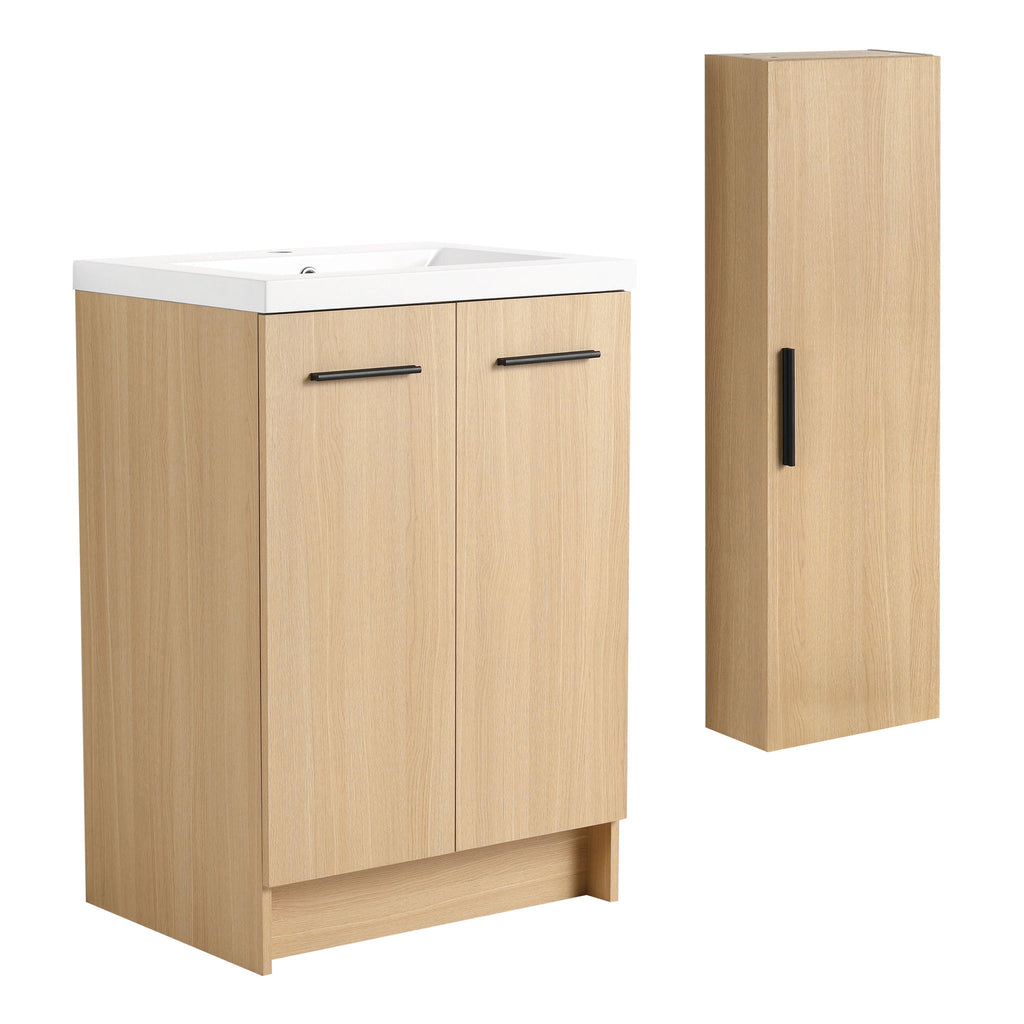 Freestanding Bathroom Vanity Set With Tall Linen Cabinet, Single Sink, Extra Storage, Soft Close Doors - Glossy White / Light Oak
